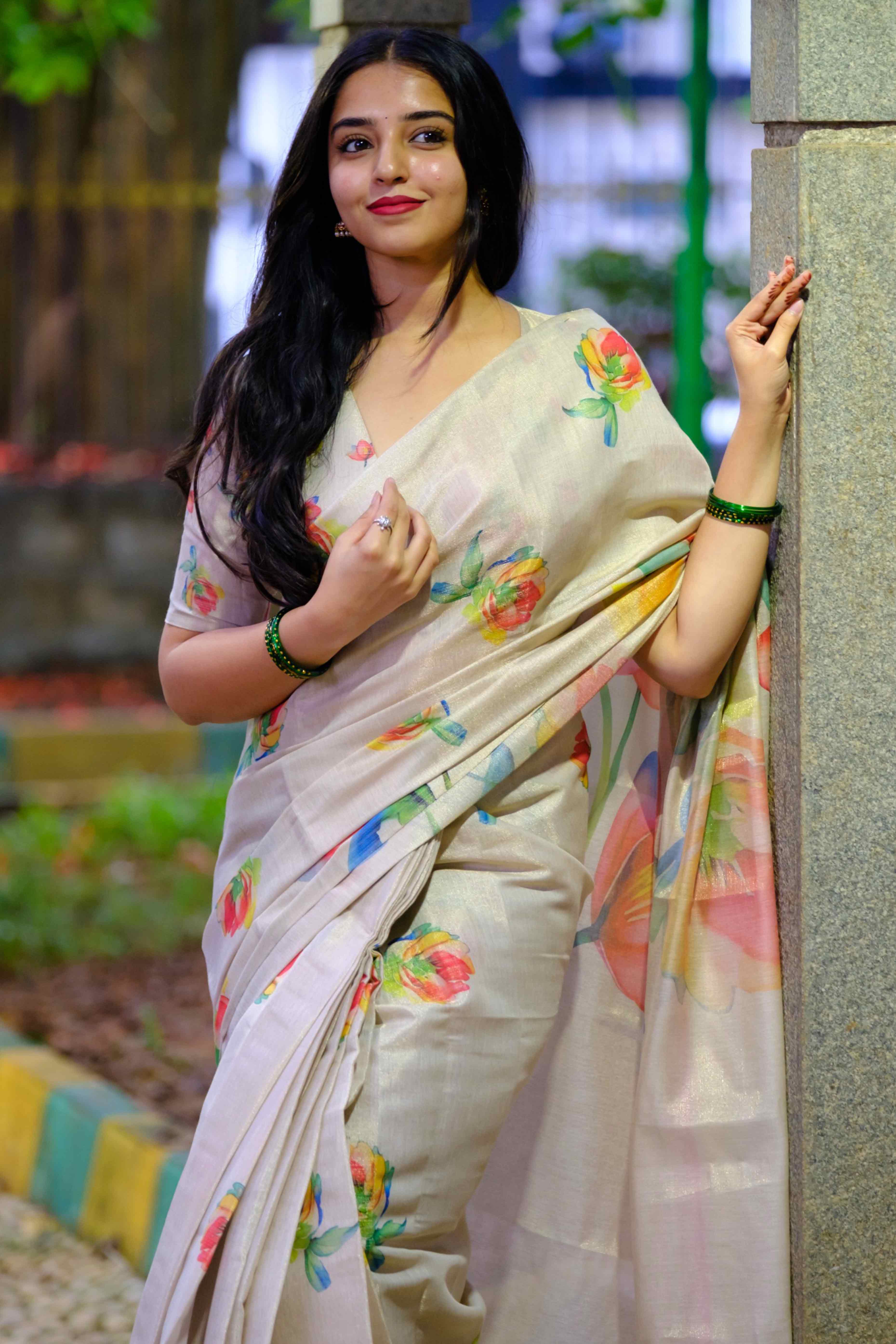 Beige Art Silk Saree Featuring Graceful Floral Motifs