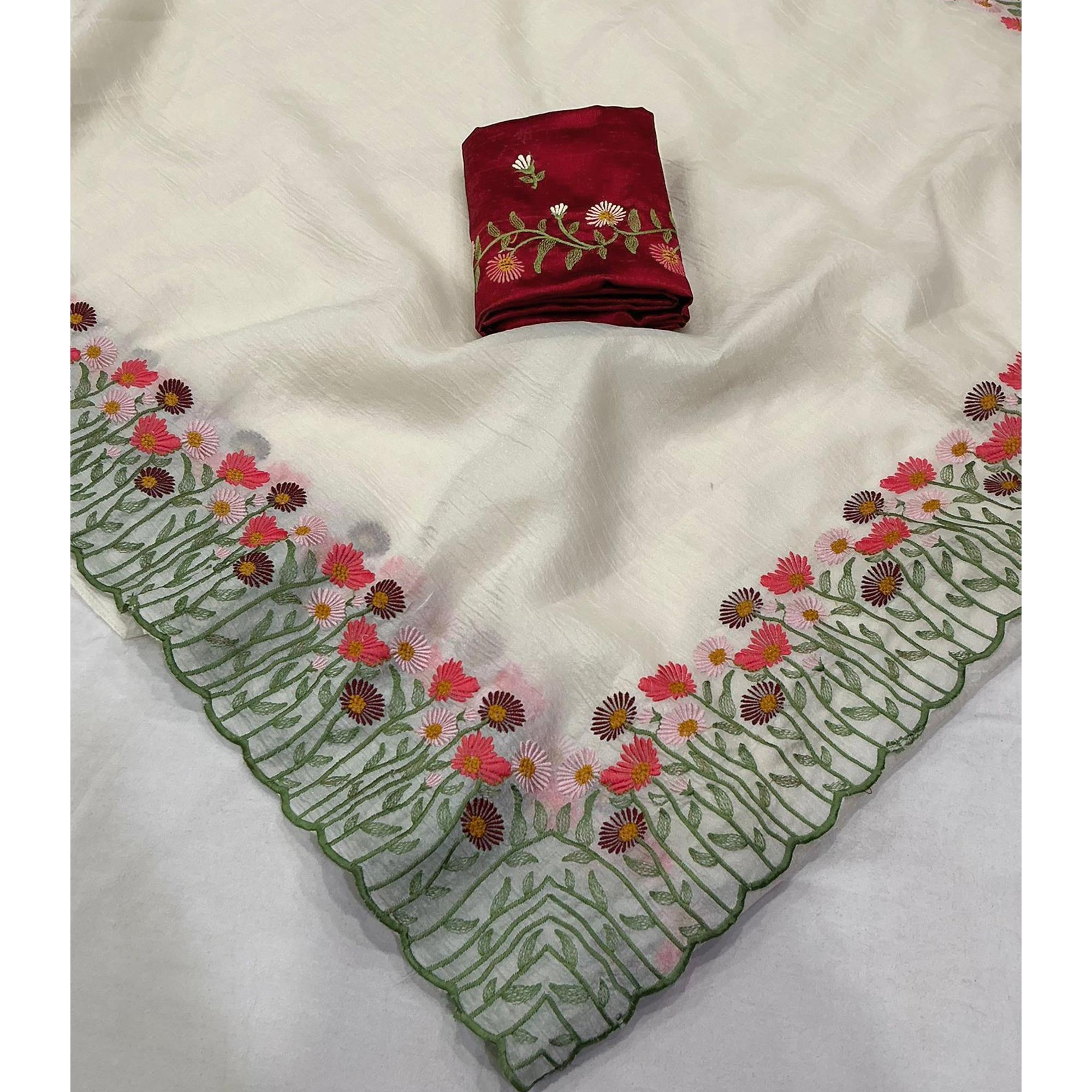 Vanilla White Lightweight Chiffon Saree Adorned with Floral Embroidery