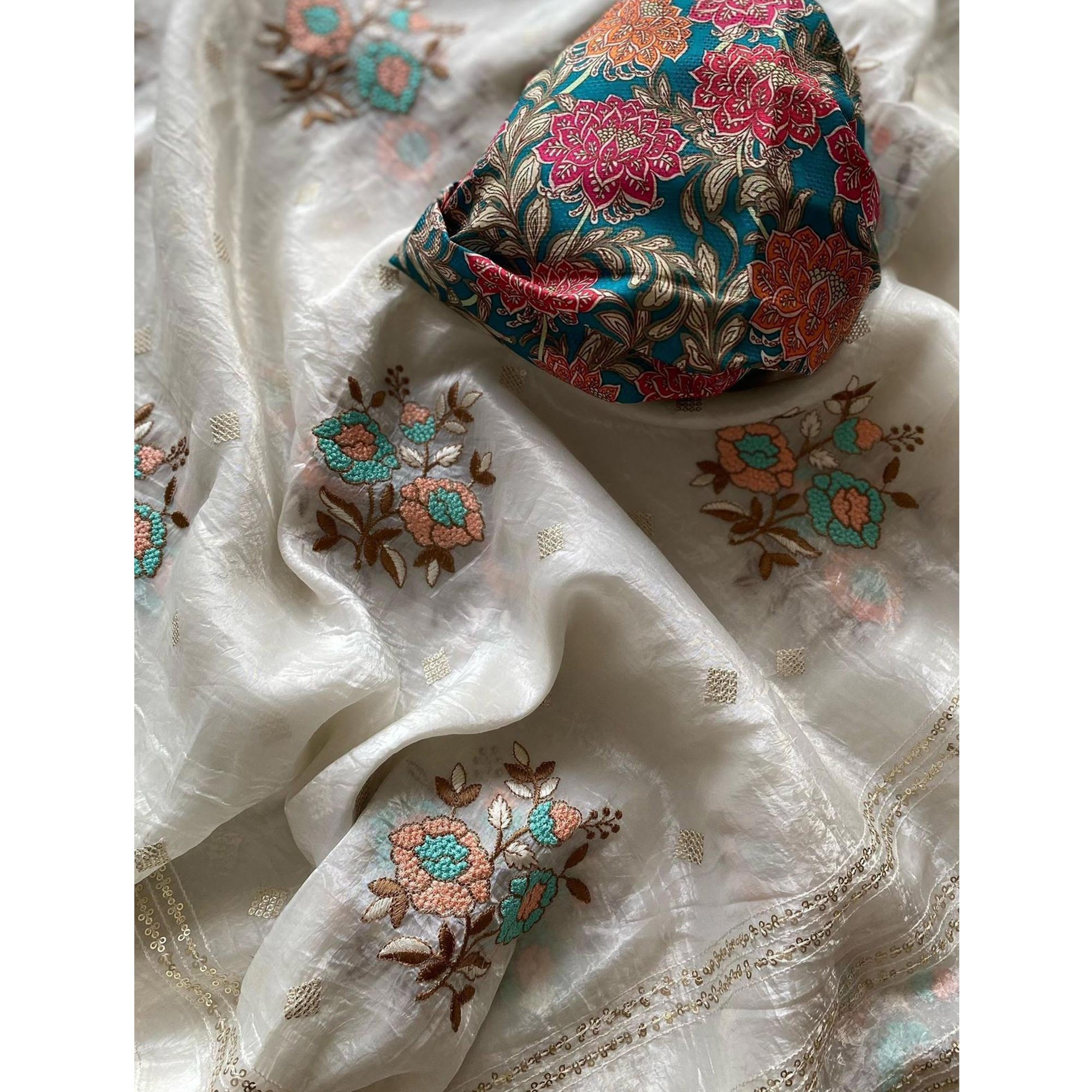 Off White Floral Embroidered Organza Saree for Special Occasions