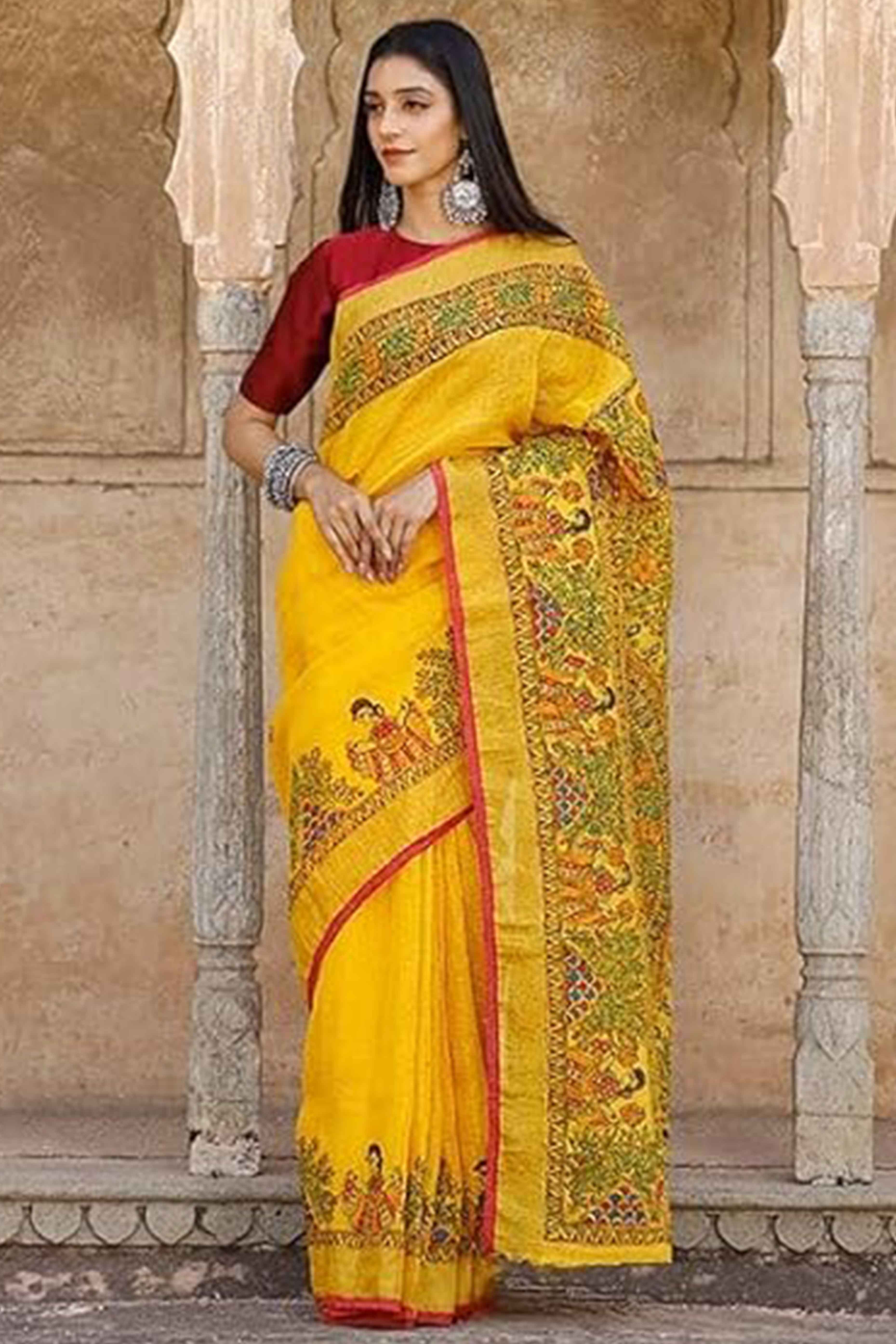 Yellow Madhubani Motif Printed Linen Saree for Festive Wear