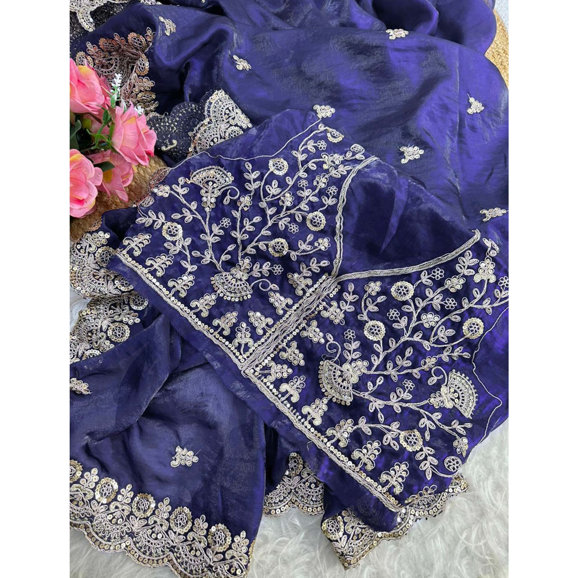 Trendy Dark Blue Fancy Satin Saree Enhanced with Rich Golden Embroidered Design