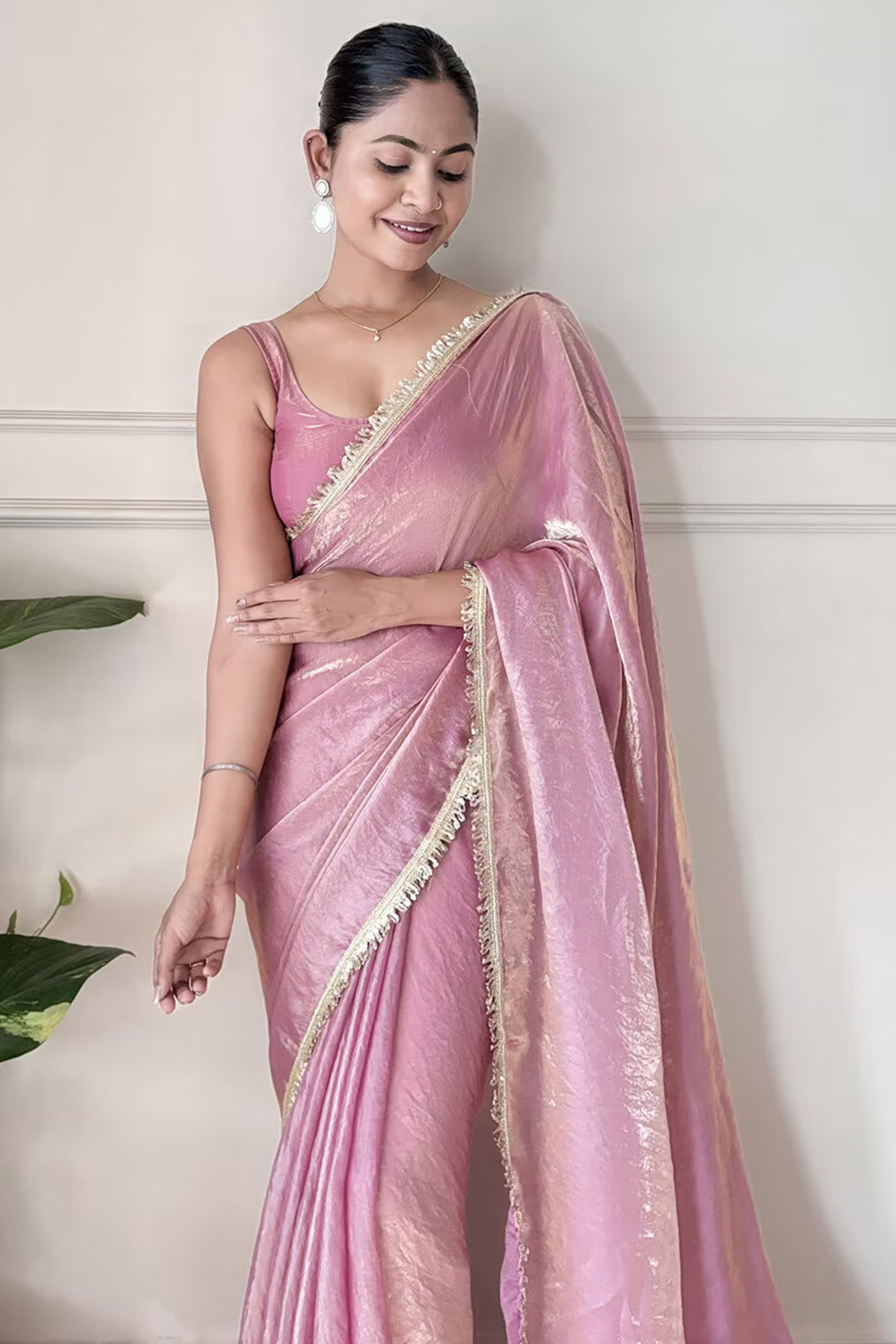Modern Mauve Organza Satin Silk Saree With Refined Lace Border For Elegant Occasions