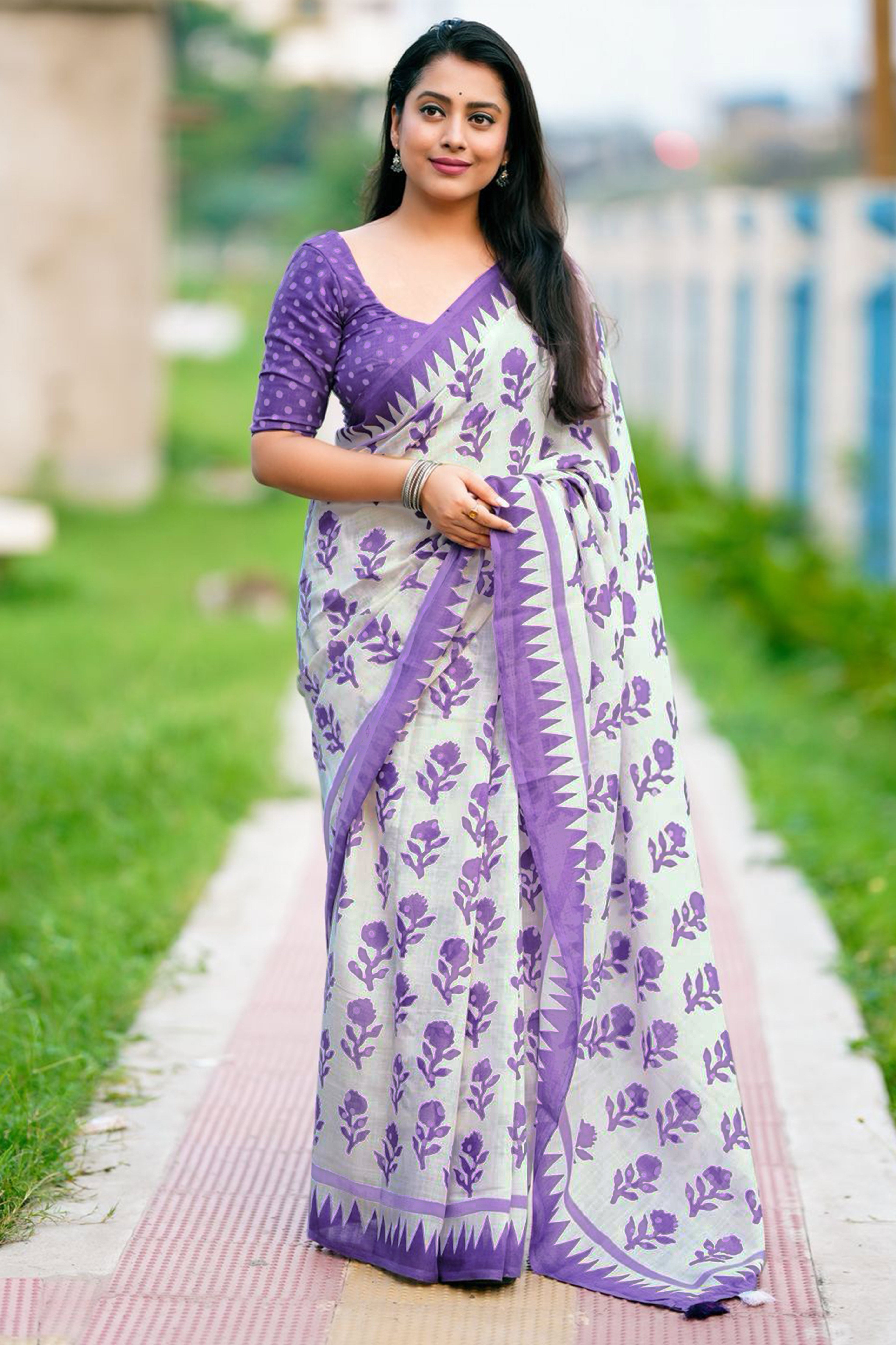 Lightweight White & Purple Floral Print Linen Saree Perfect Blend of Comfort and Style