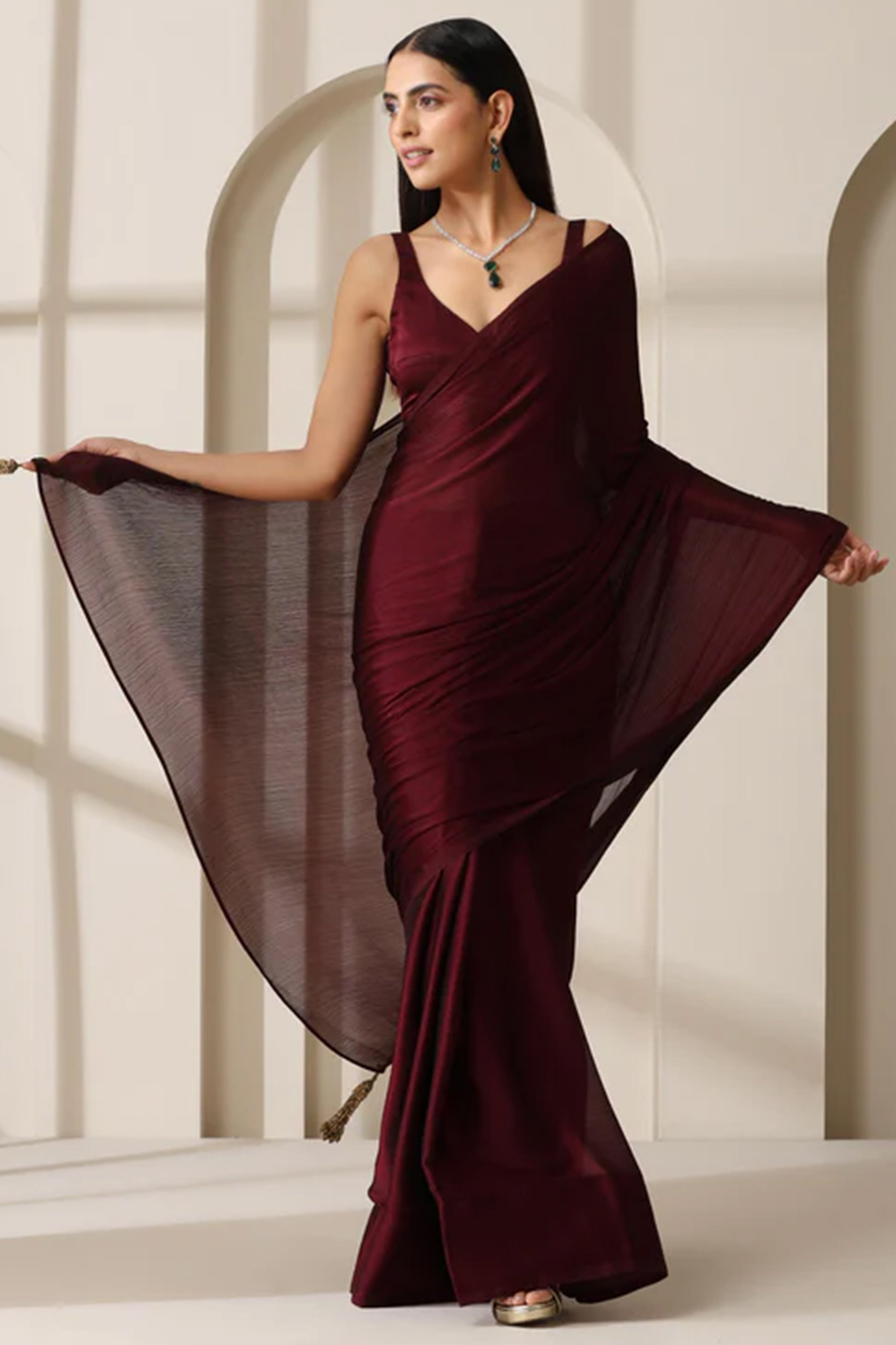 Elegant Maroon Solid Silk Blend Saree Crafted for Glamorous Party Wear
