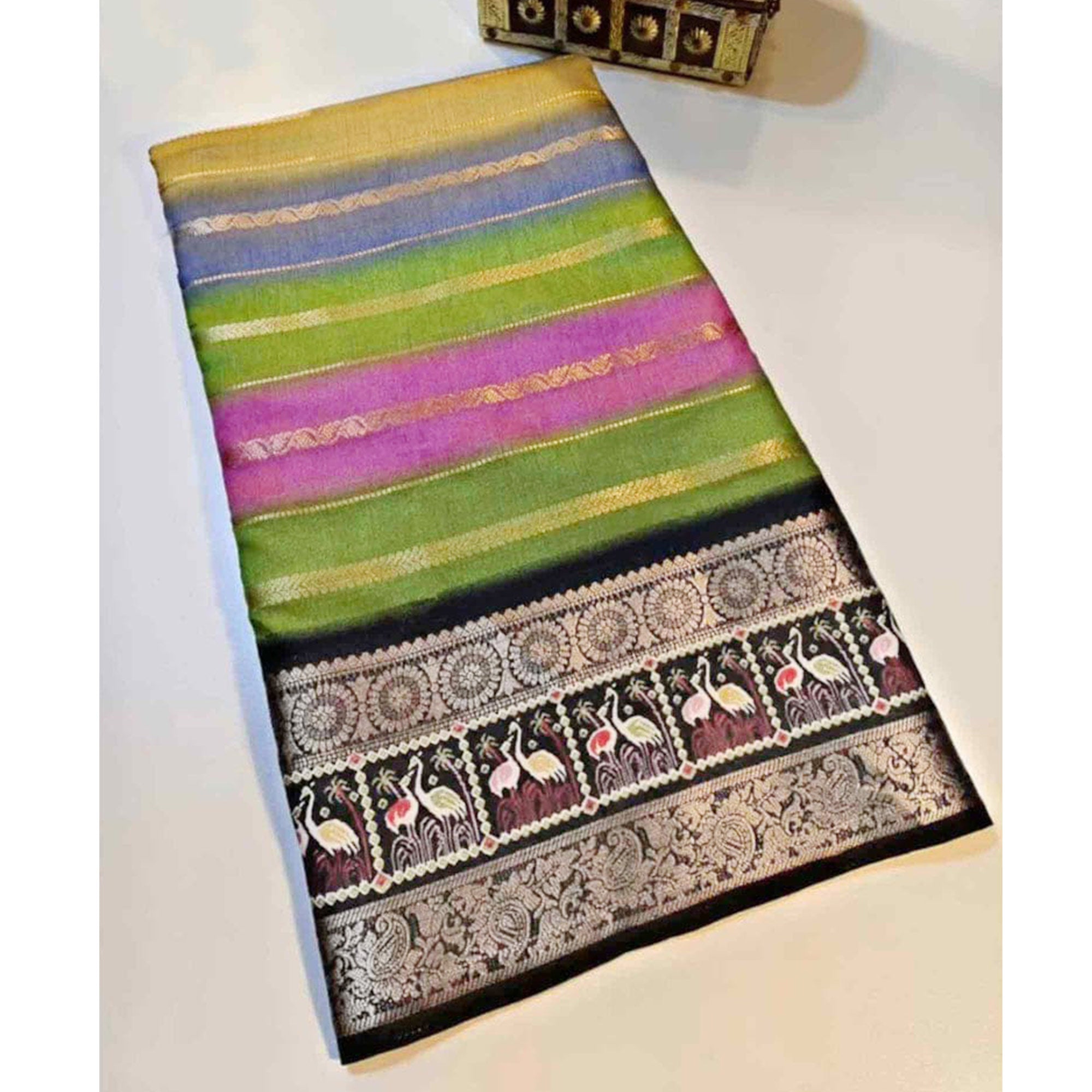 Festive Wear Multicolor Striped Dola Silk Saree with Elegant Zari Weave