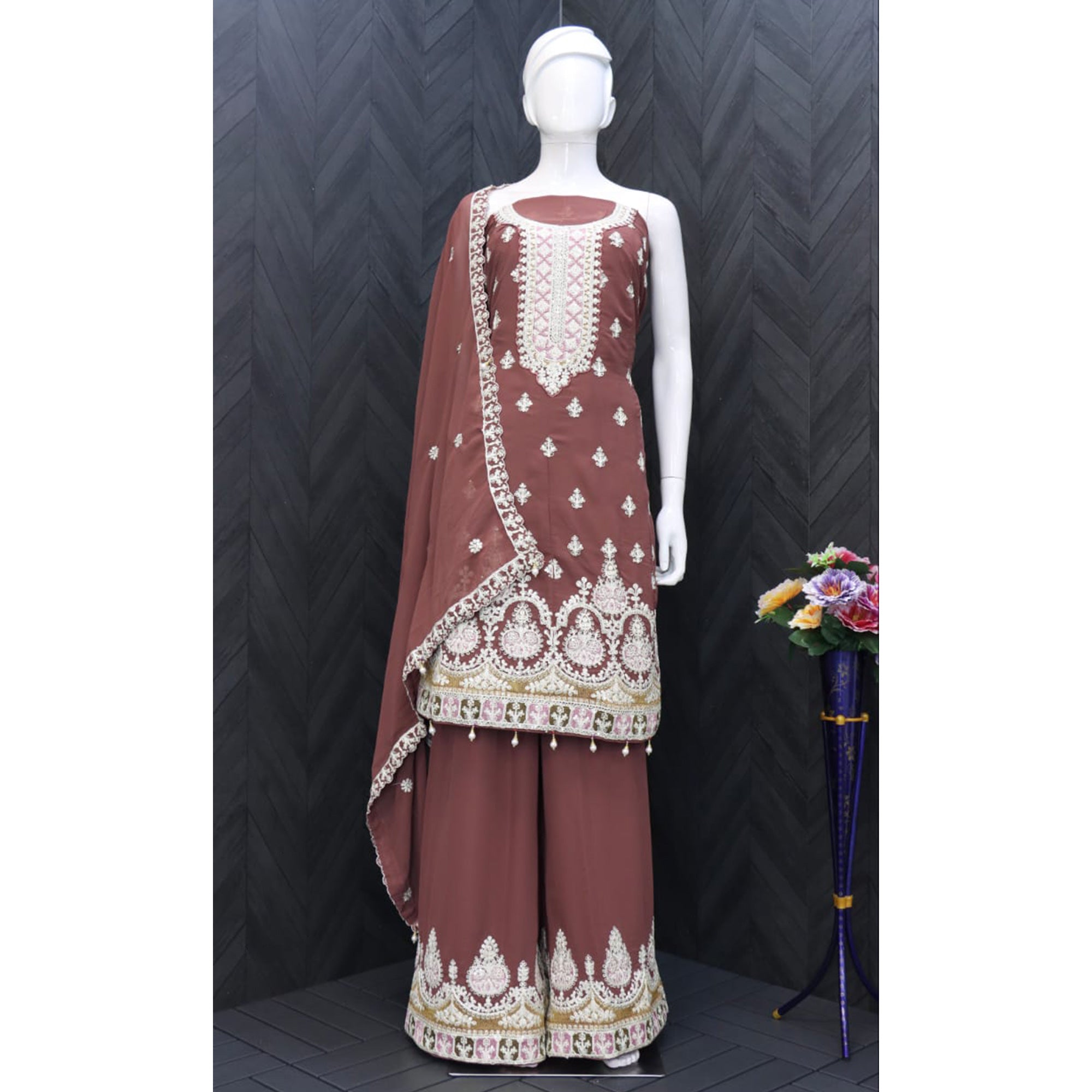 Brown Floral Embroidered Georgette Semi Stitched Suit