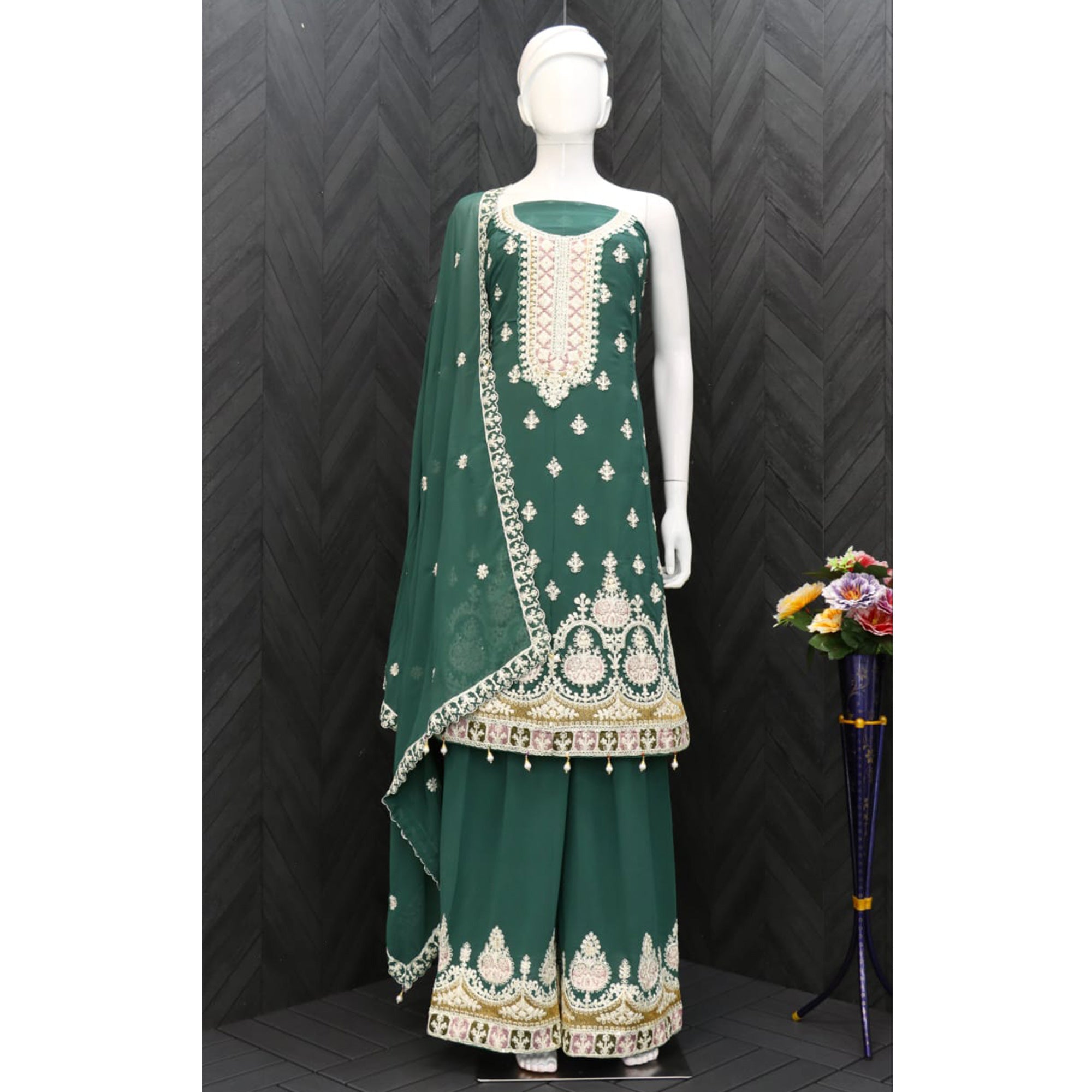 Green Floral Embroidered Georgette Semi Stitched Suit