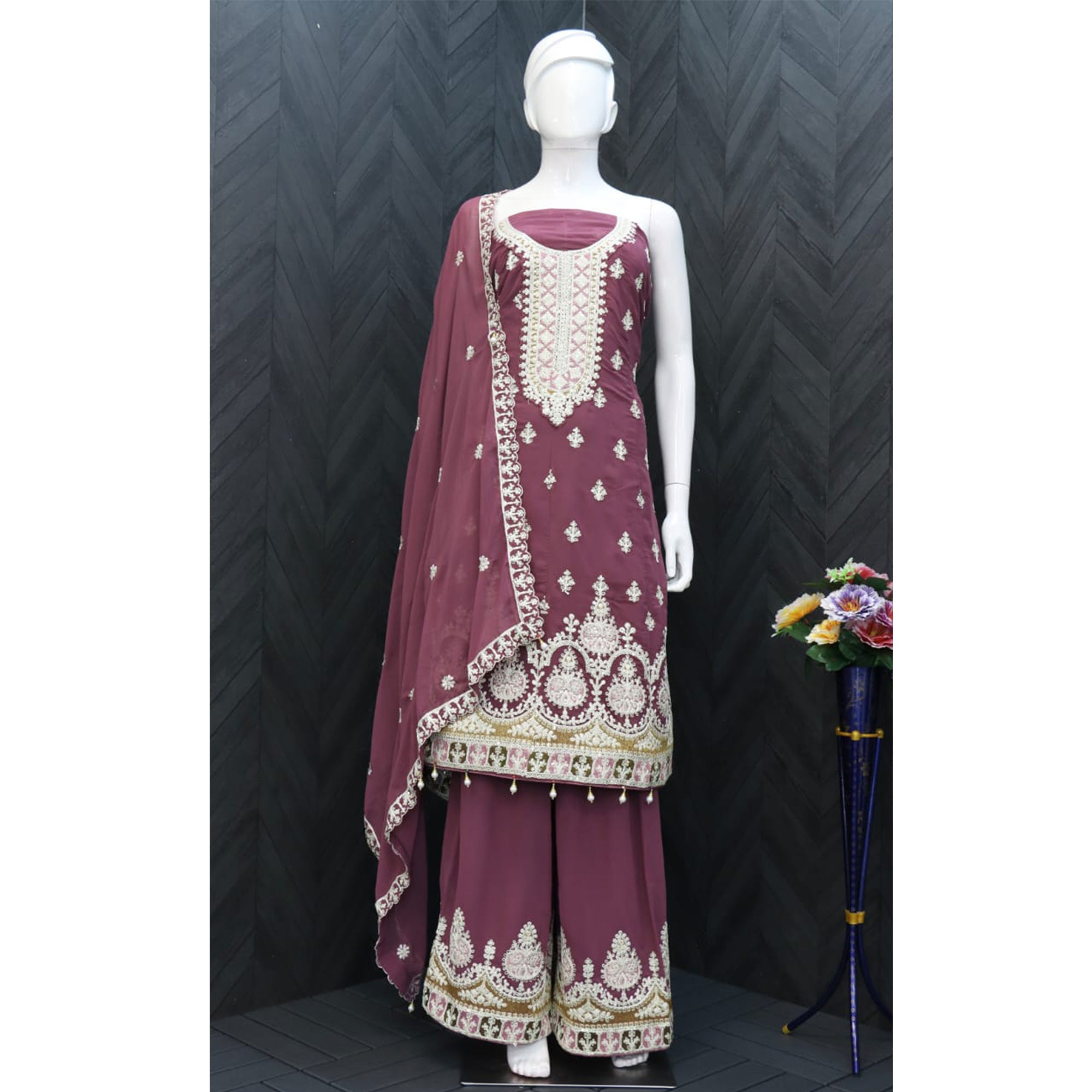 Mauve Floral Embroidered Georgette Semi Stitched Suit