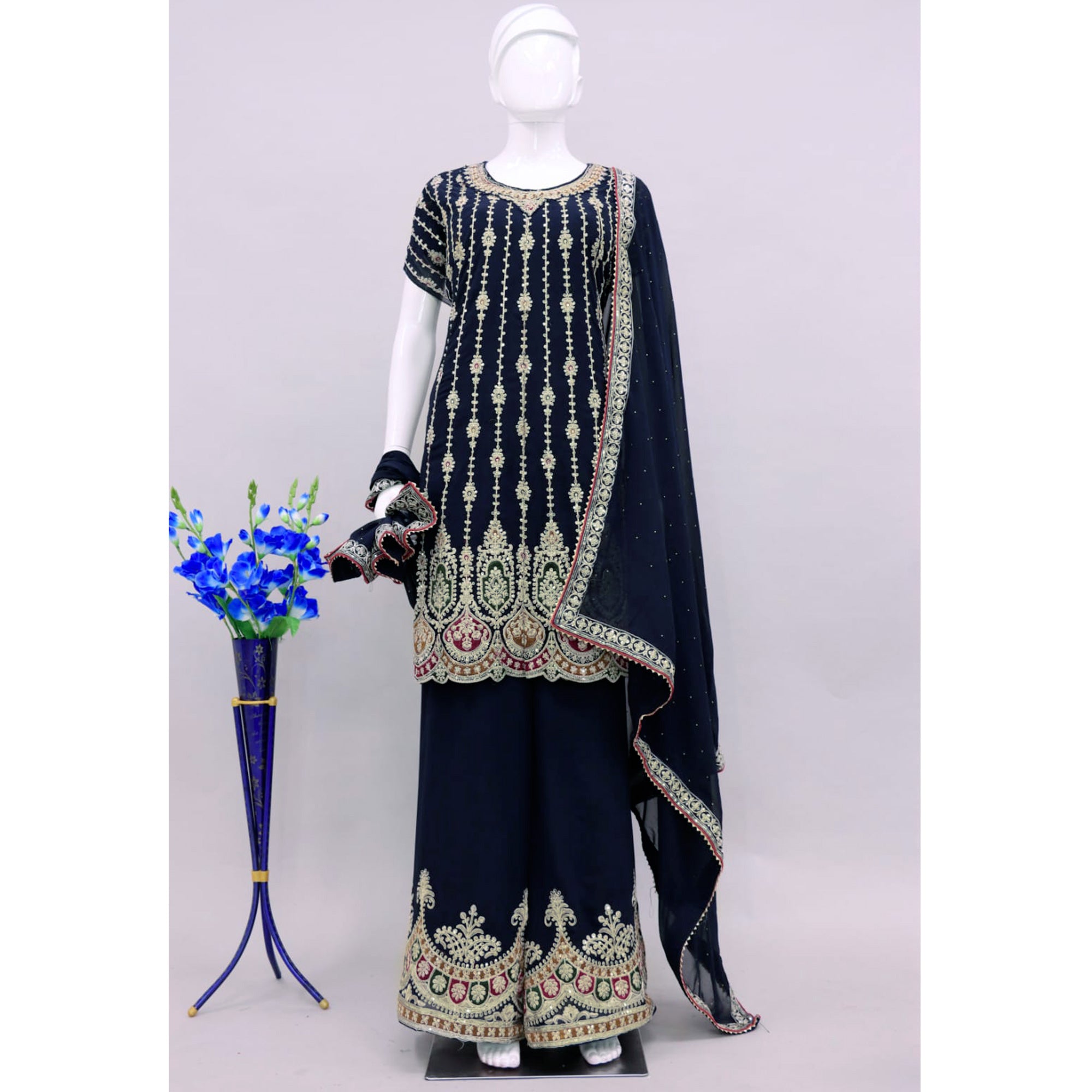 Dark Blue Sequins Embroidered Georgette Semi Stitched Sharara Suit