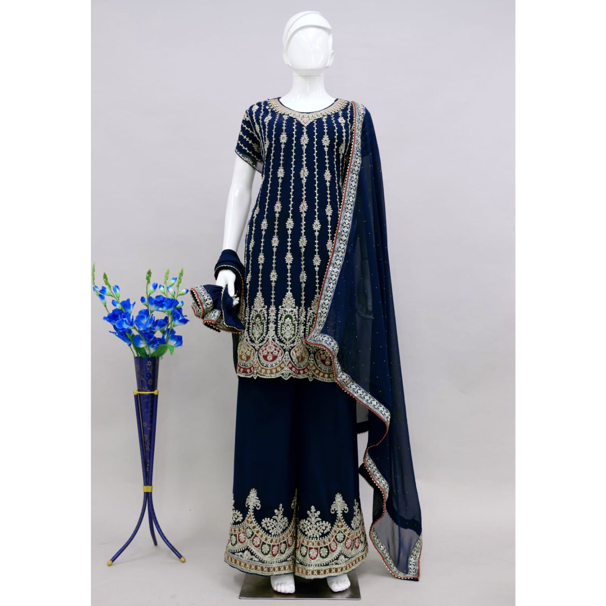 Blue Sequins Embroidered Georgette Semi Stitched Sharara Suit