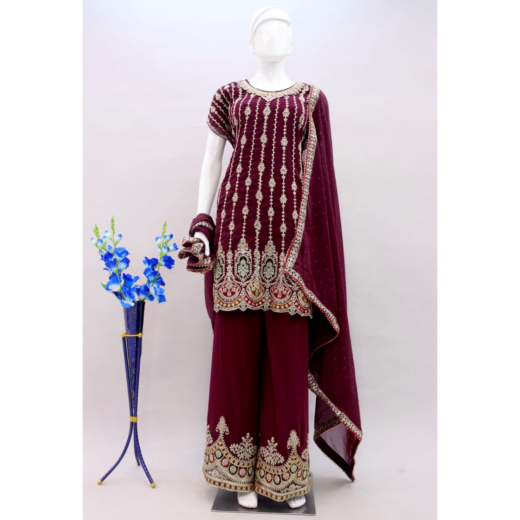 Maroon Sequins Embroidered Georgette Semi Stitched Sharara Suit