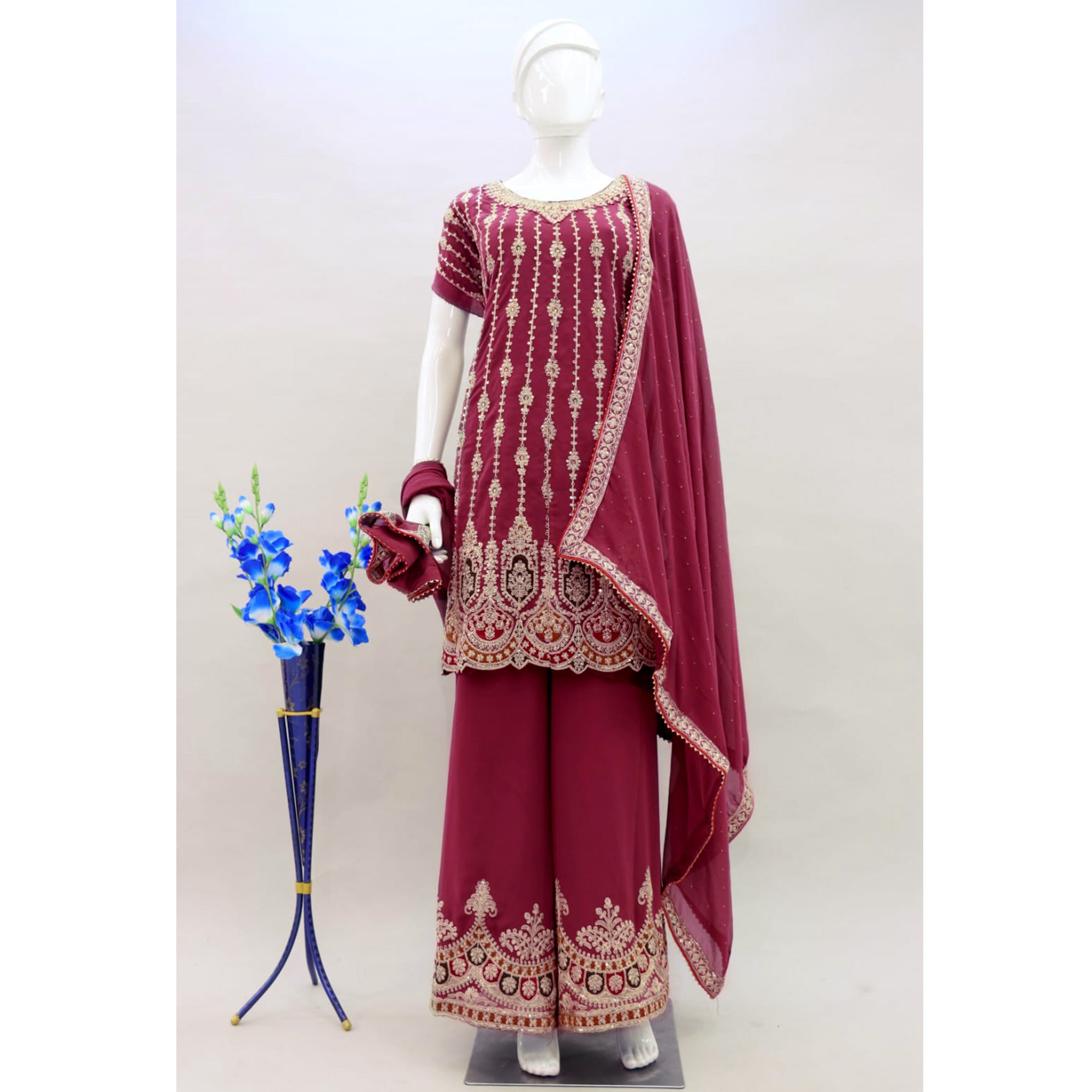 Red Sequins Embroidered Georgette Semi Stitched Sharara Suit