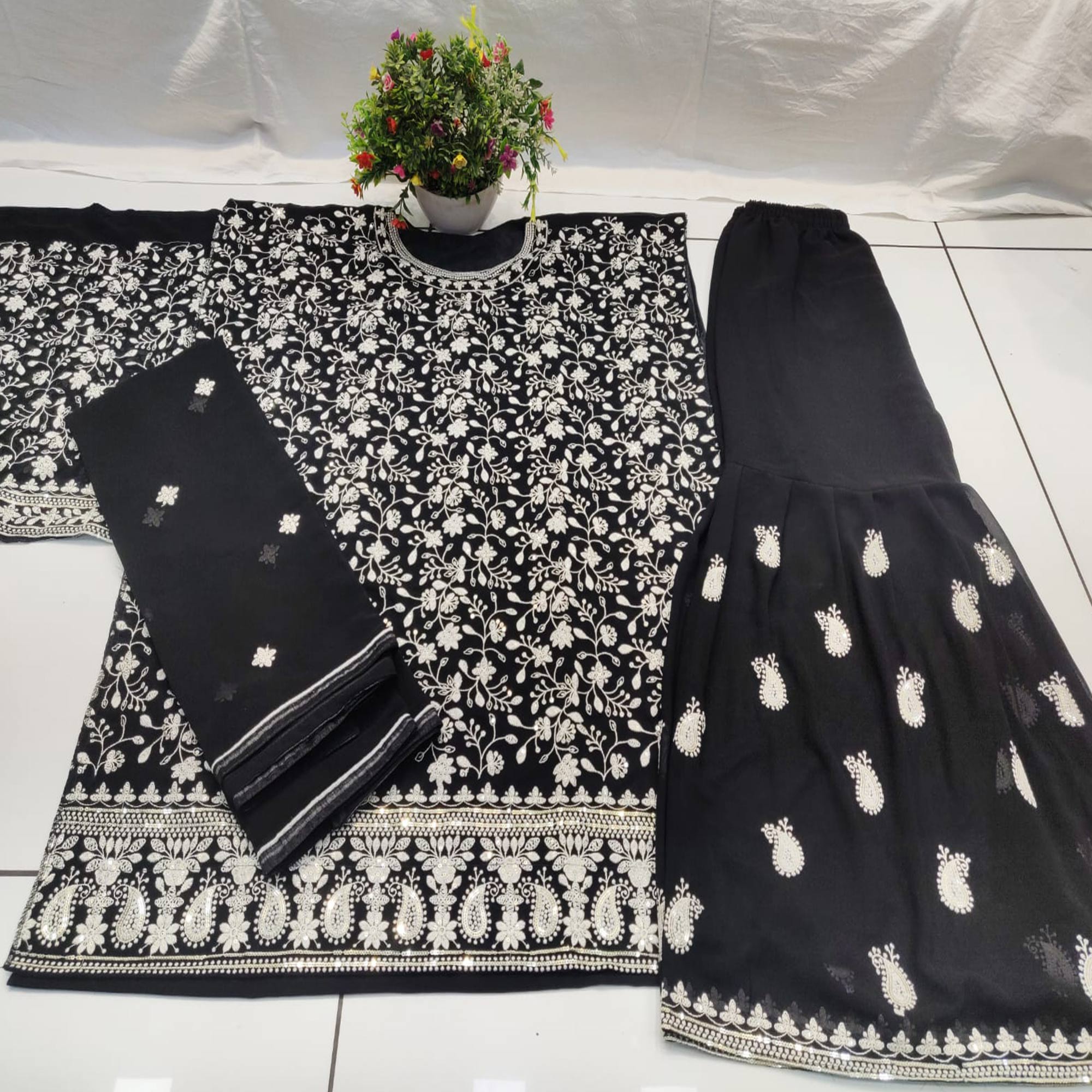 Black Floral Embroidered Georgette Semi Stitched Sharara Suit