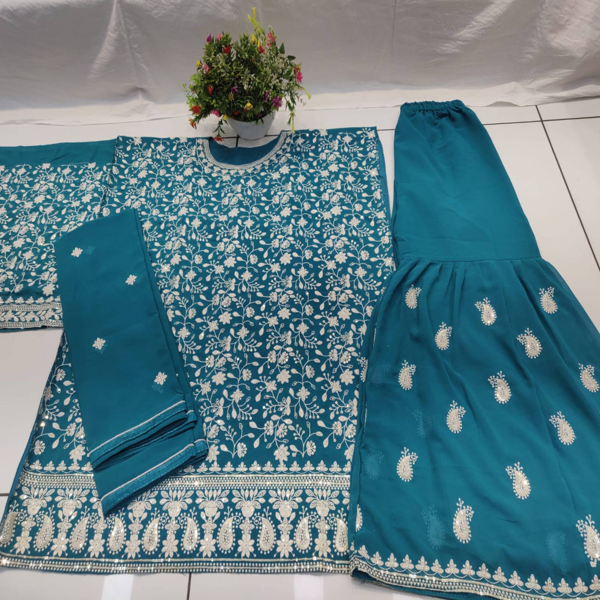 Blue Floral Embroidered Georgette Semi Stitched Sharara Suit