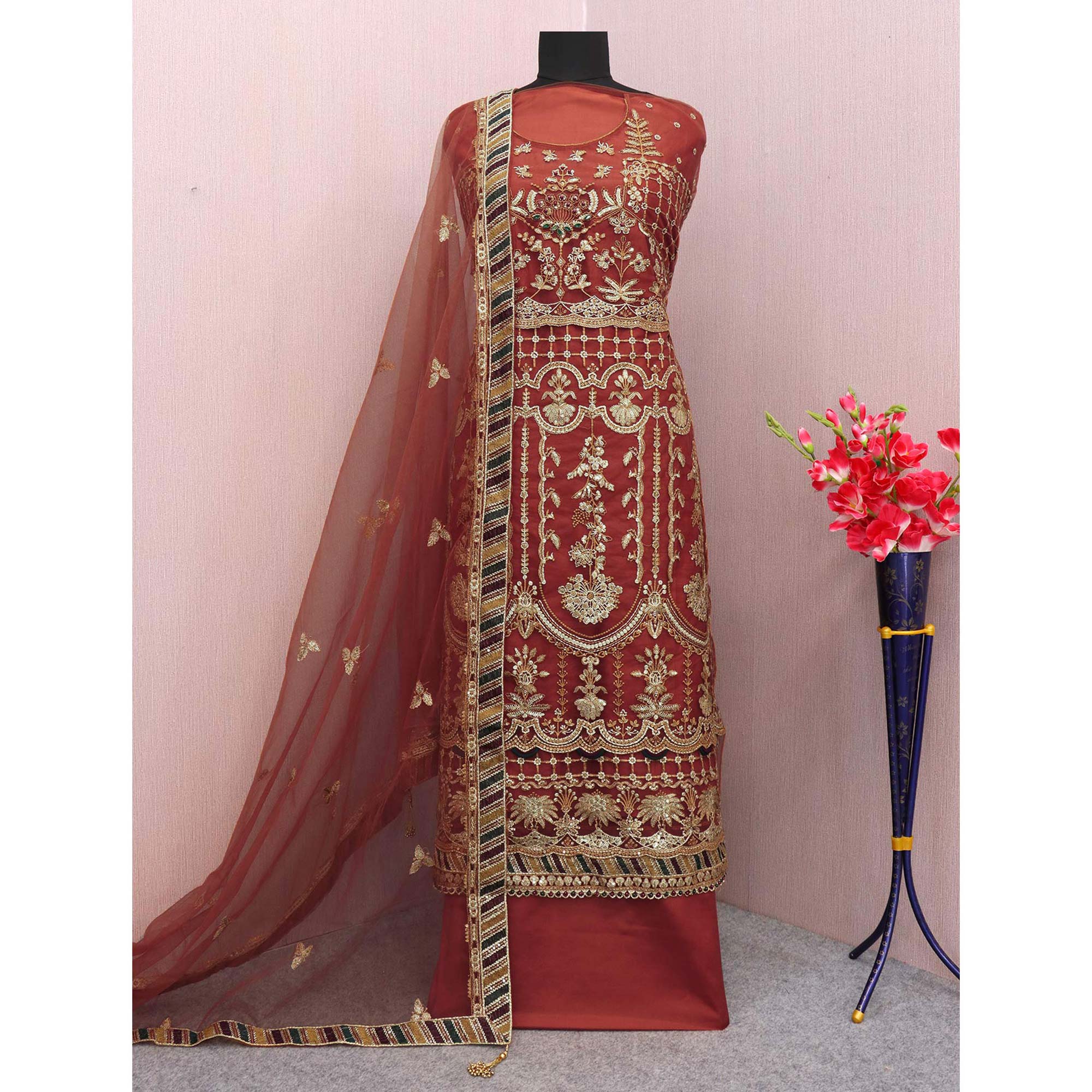 Rust Floral Embroidered Net Semi Stitched Pakistani Suit