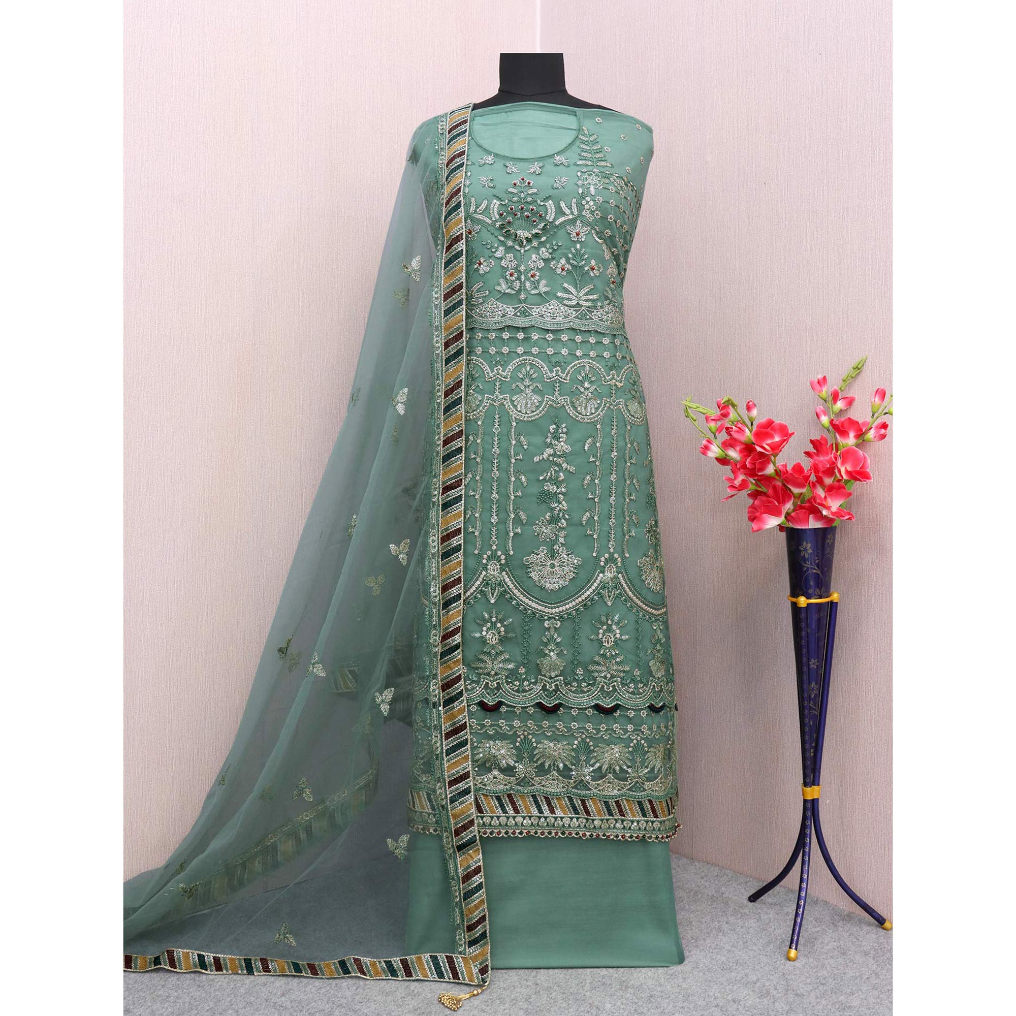Green Floral Embroidered Net Semi Stitched Pakistani Suit
