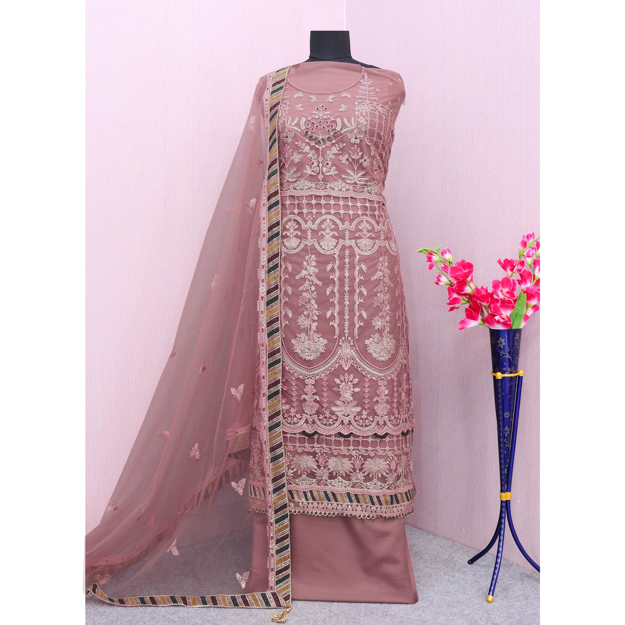 Light Mauve Floral Embroidered Net Semi Stitched Pakistani Suit