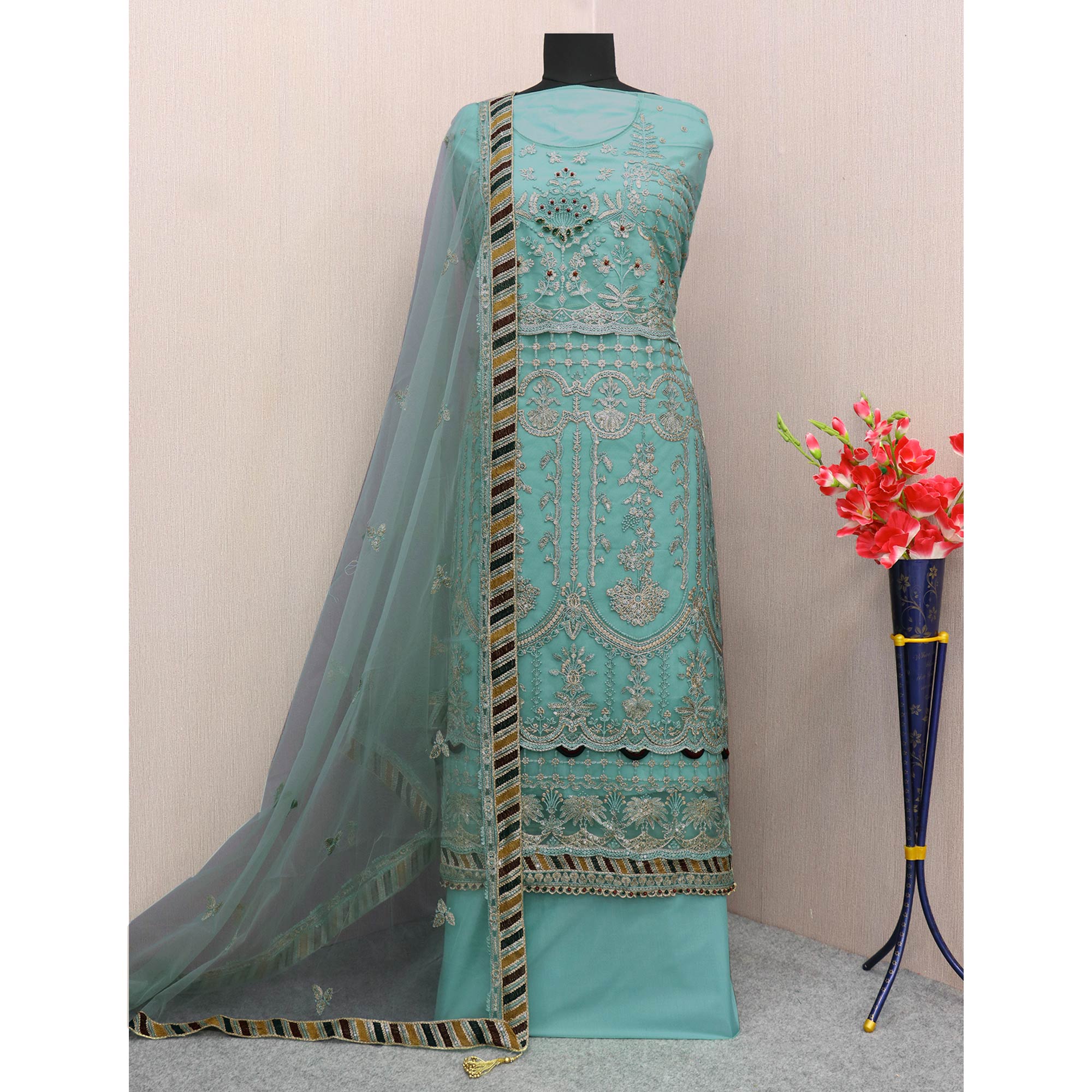 Turquoise Floral Embroidered Net Semi Stitched Pakistani Suit