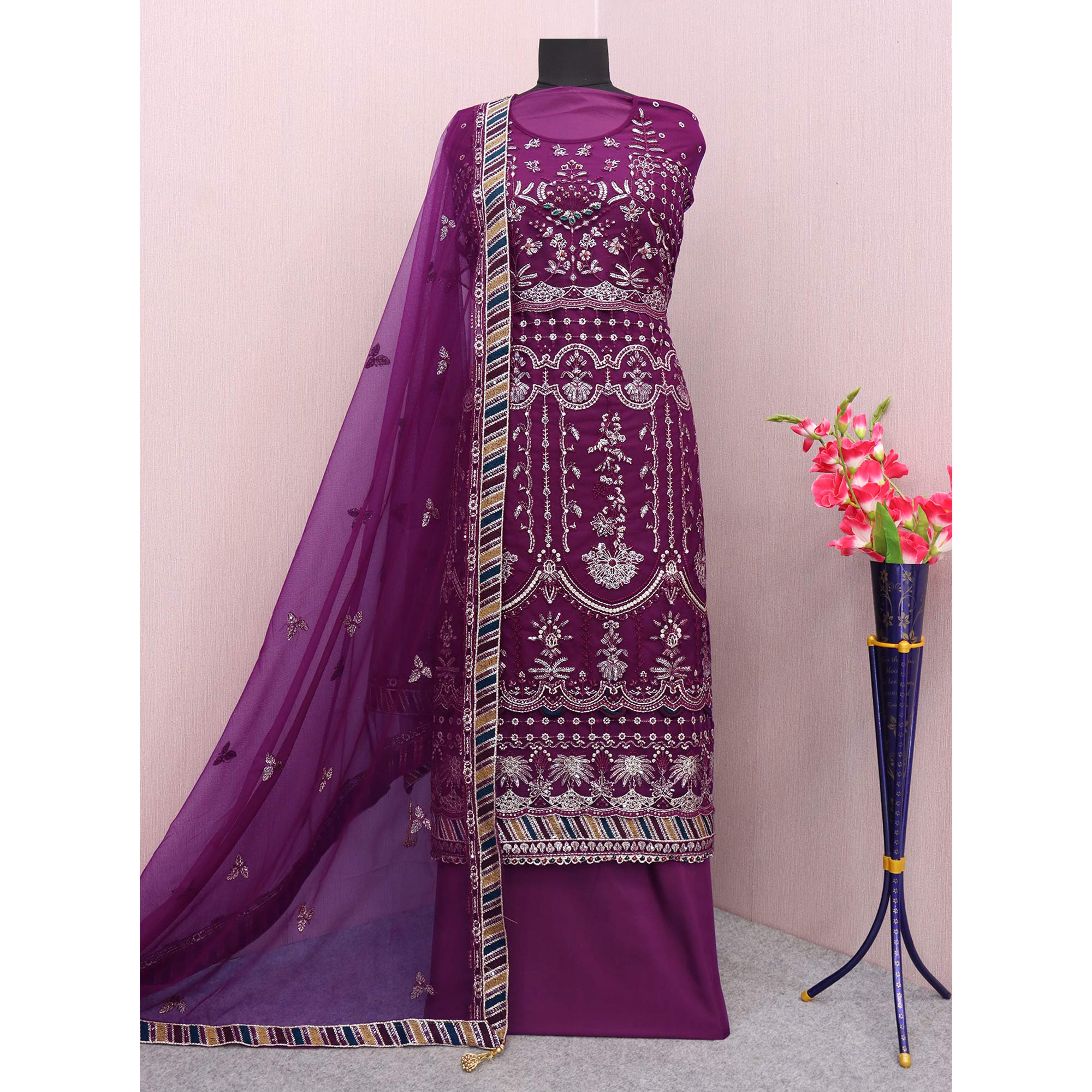 Purple Floral Embroidered Net Semi Stitched Pakistani Suit