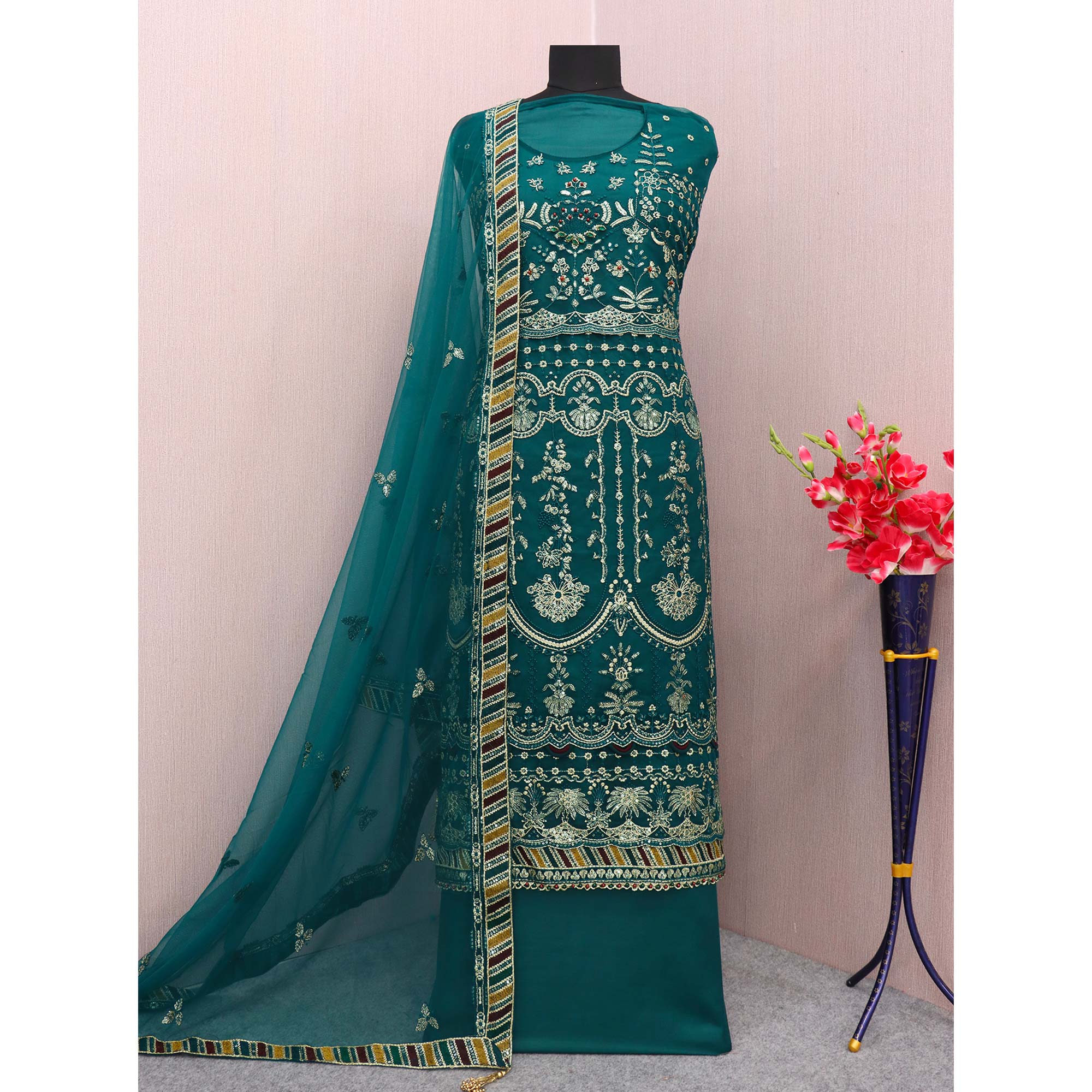 Teal Floral Embroidered Net Semi Stitched Pakistani Suit