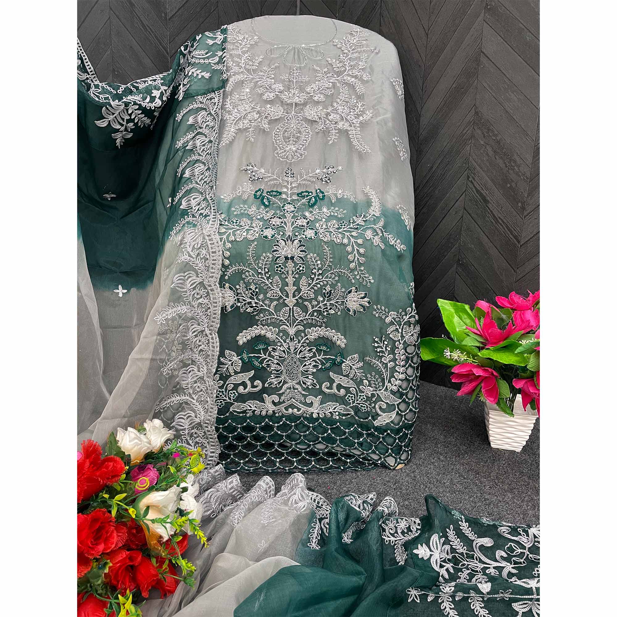 Grey & Green Floral Embroidered Organza Semi Stitched Pakistani Suit