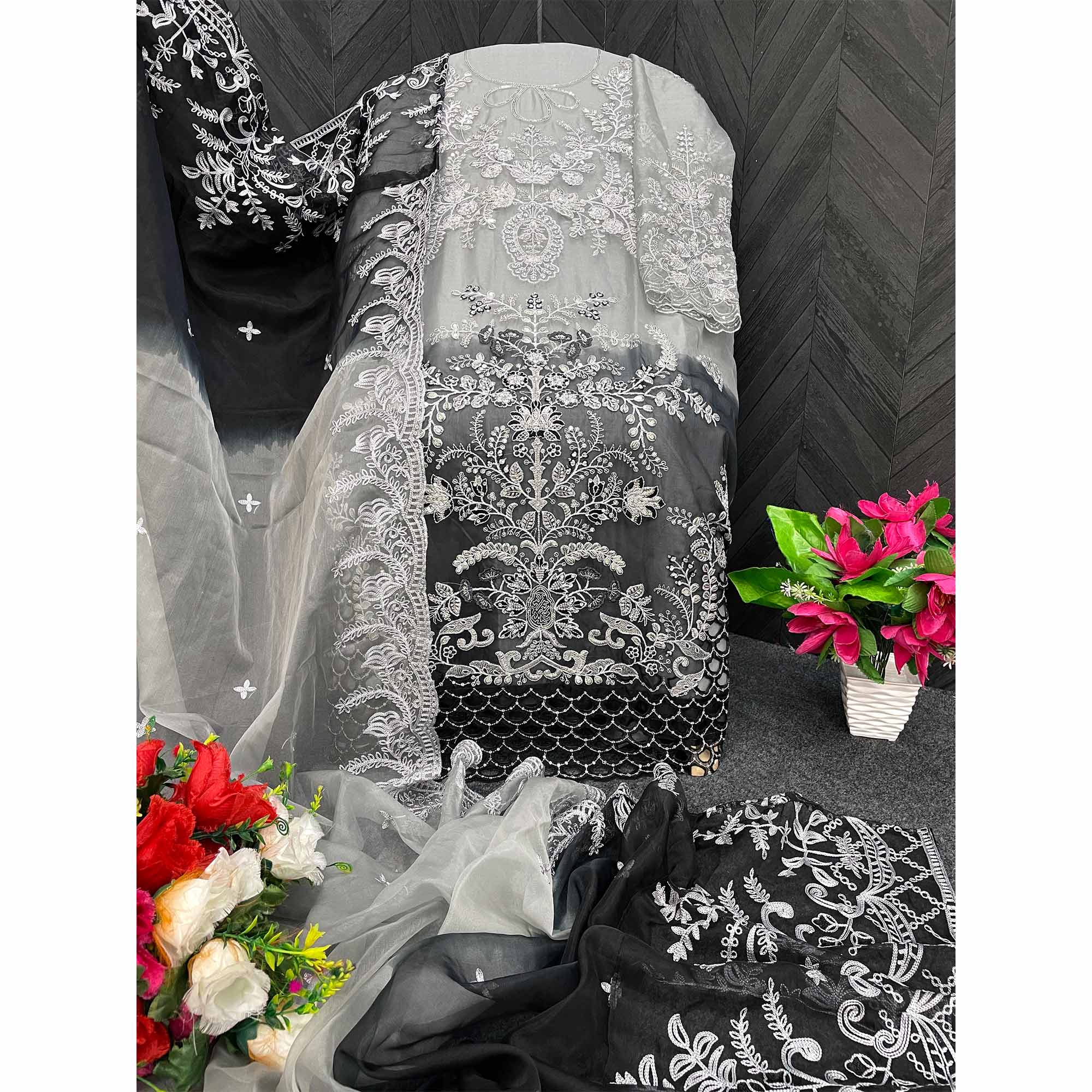 Grey & Black Floral Embroidered Organza Semi Stitched Pakistani Suit