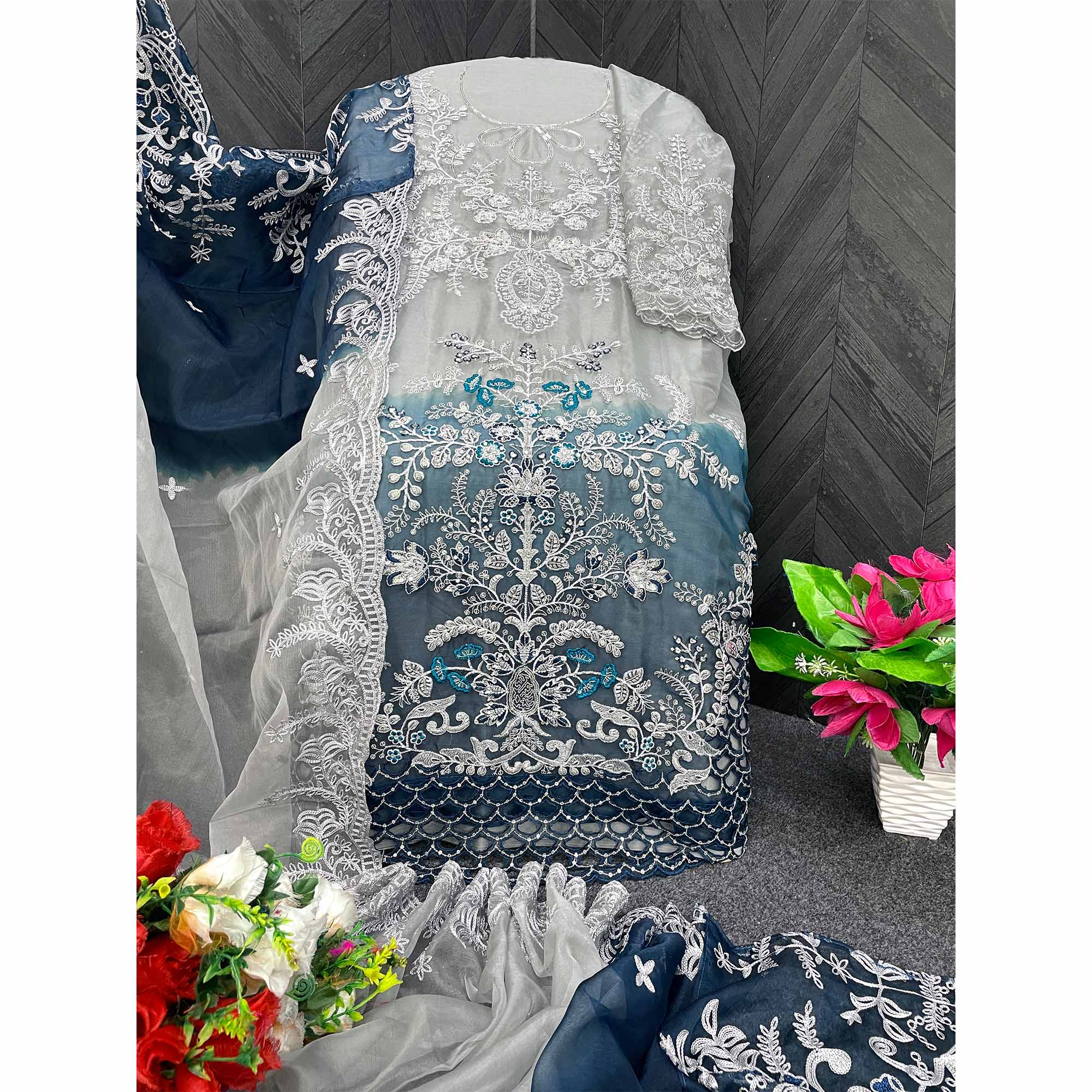 Grey & Blue Floral Embroidered Organza Semi Stitched Pakistani Suit
