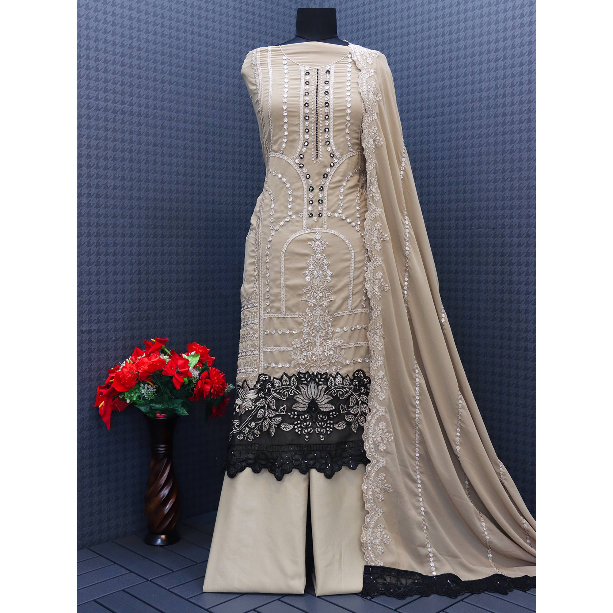 Beige Floral Embroidered Georgette Semi Stitched Pakistani Suit