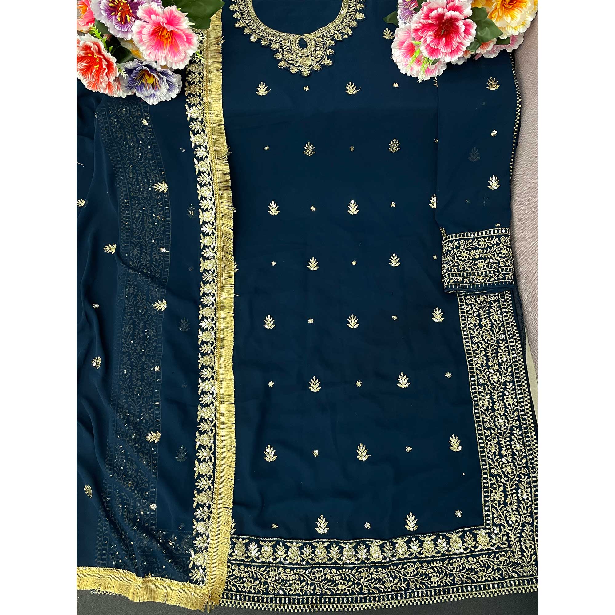 Blue Floral Embroidered Georgette Semi Stitched Pakistani Suit