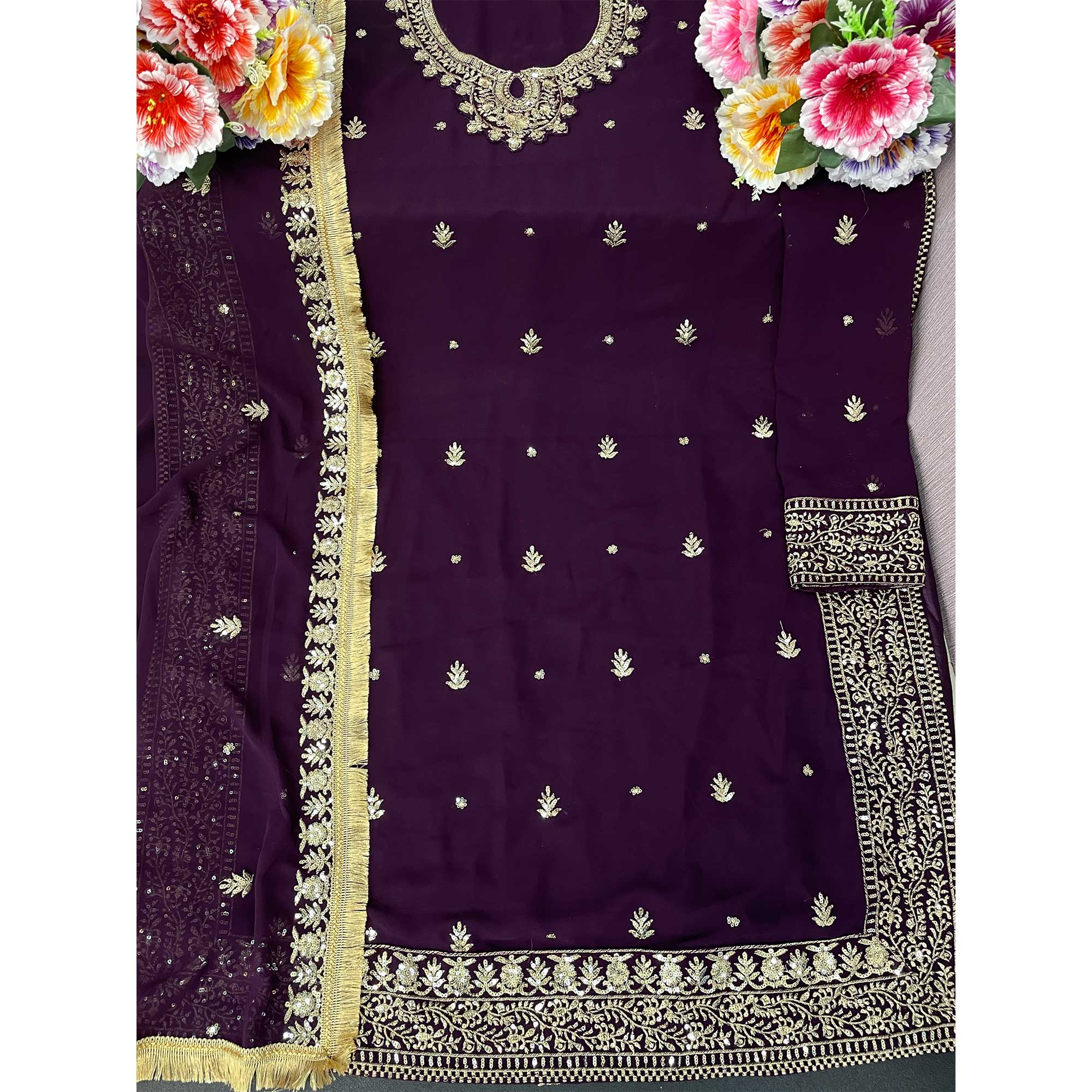 Purple Floral Embroidered Georgette Semi Stitched Pakistani Suit