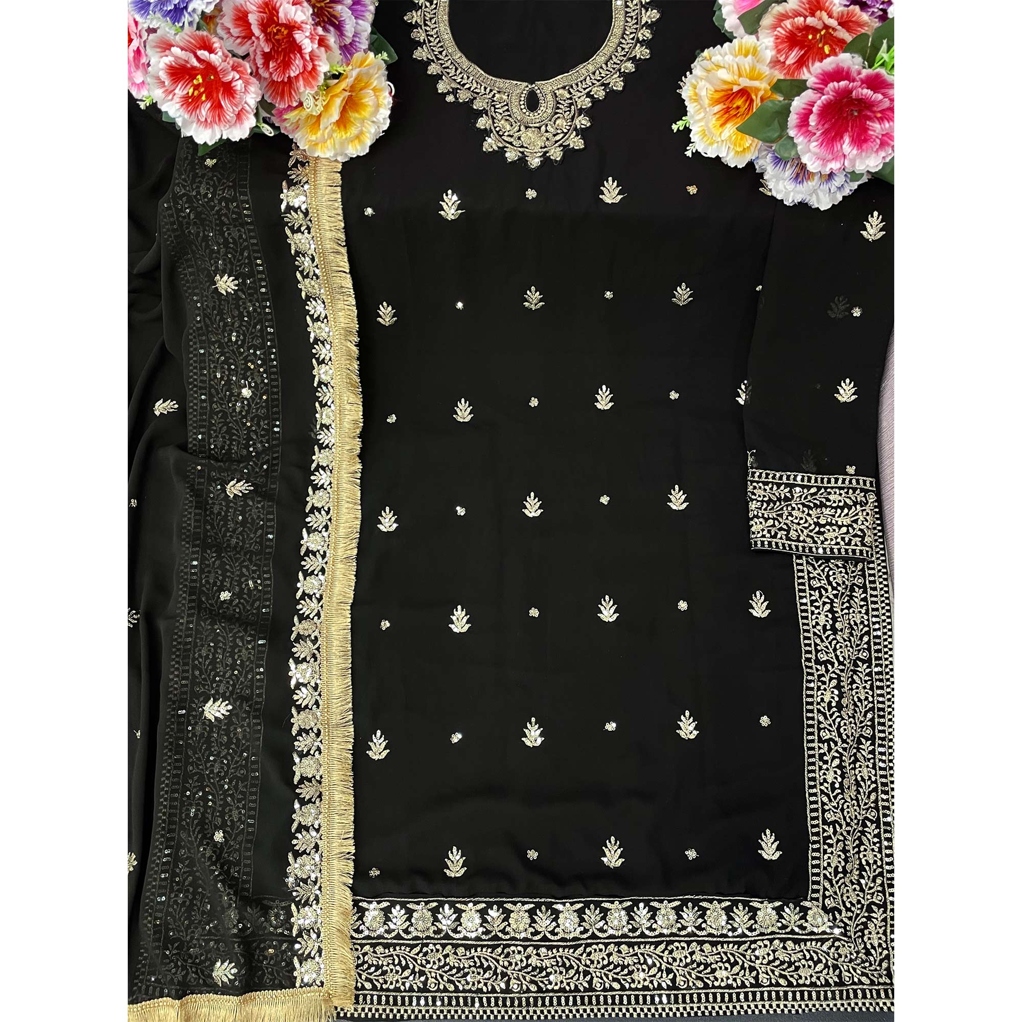 Black Floral Embroidered Georgette Semi Stitched Pakistani Suit