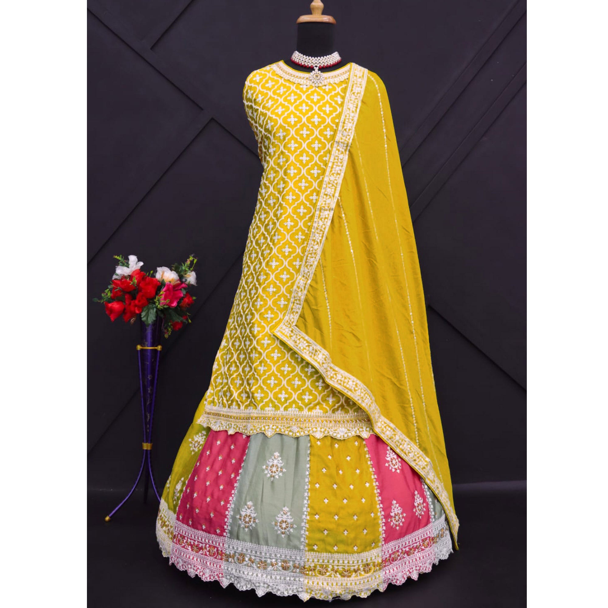 Yellow Embroidered Chinon Semi Stitched Sharara Suit