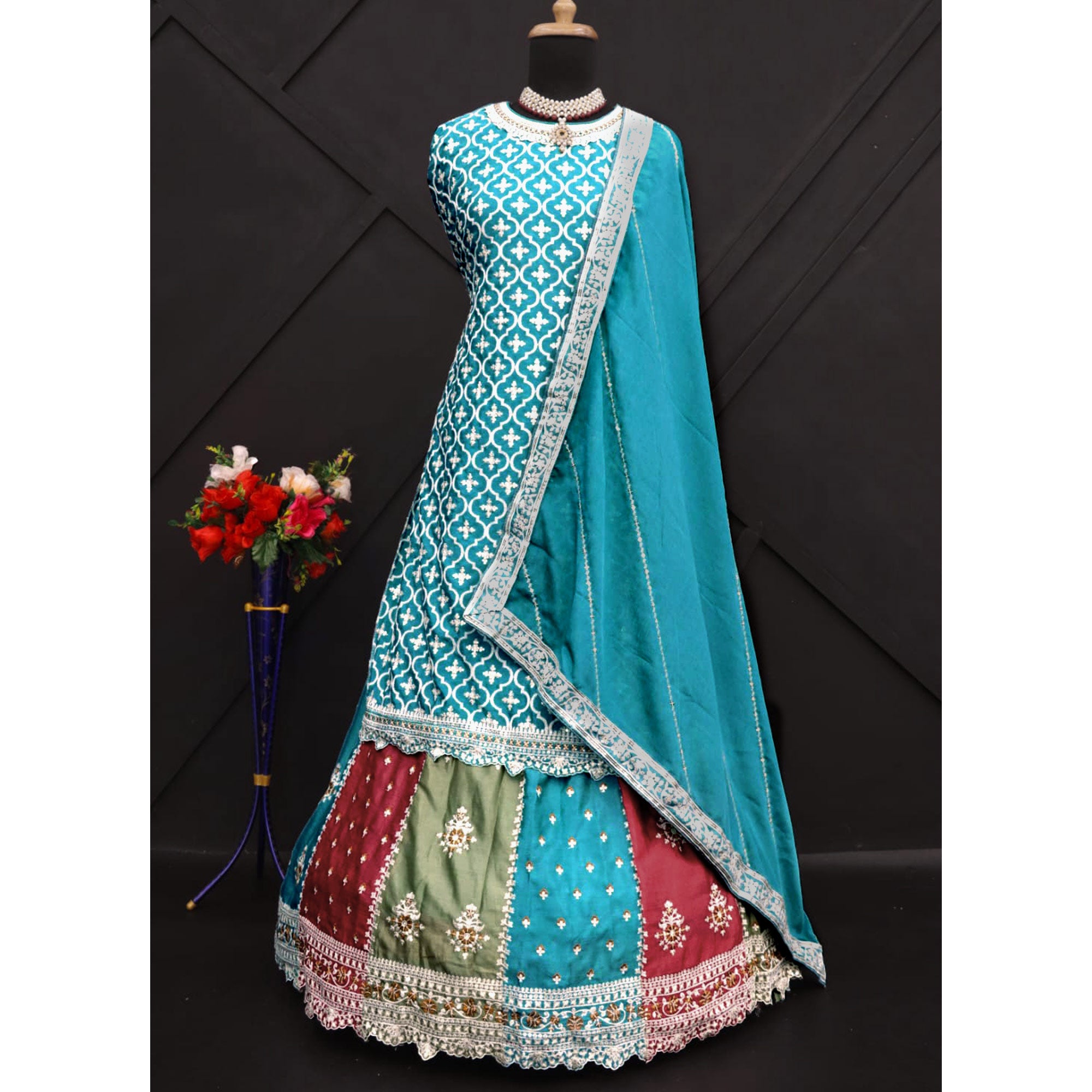 Blue Embroidered Chinon Semi Stitched Sharara Suit