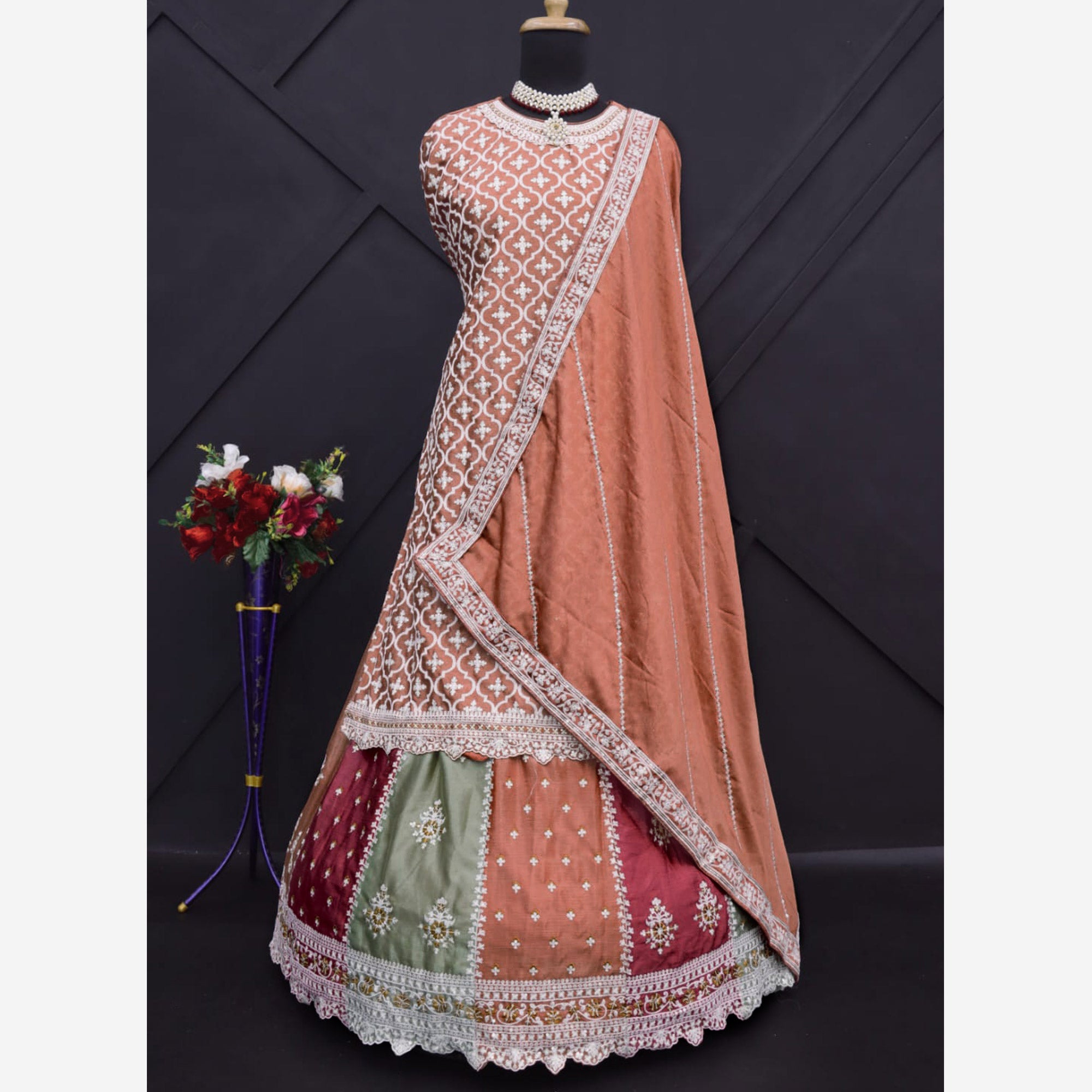 Peach Embroidered Chinon Semi Stitched Sharara Suit