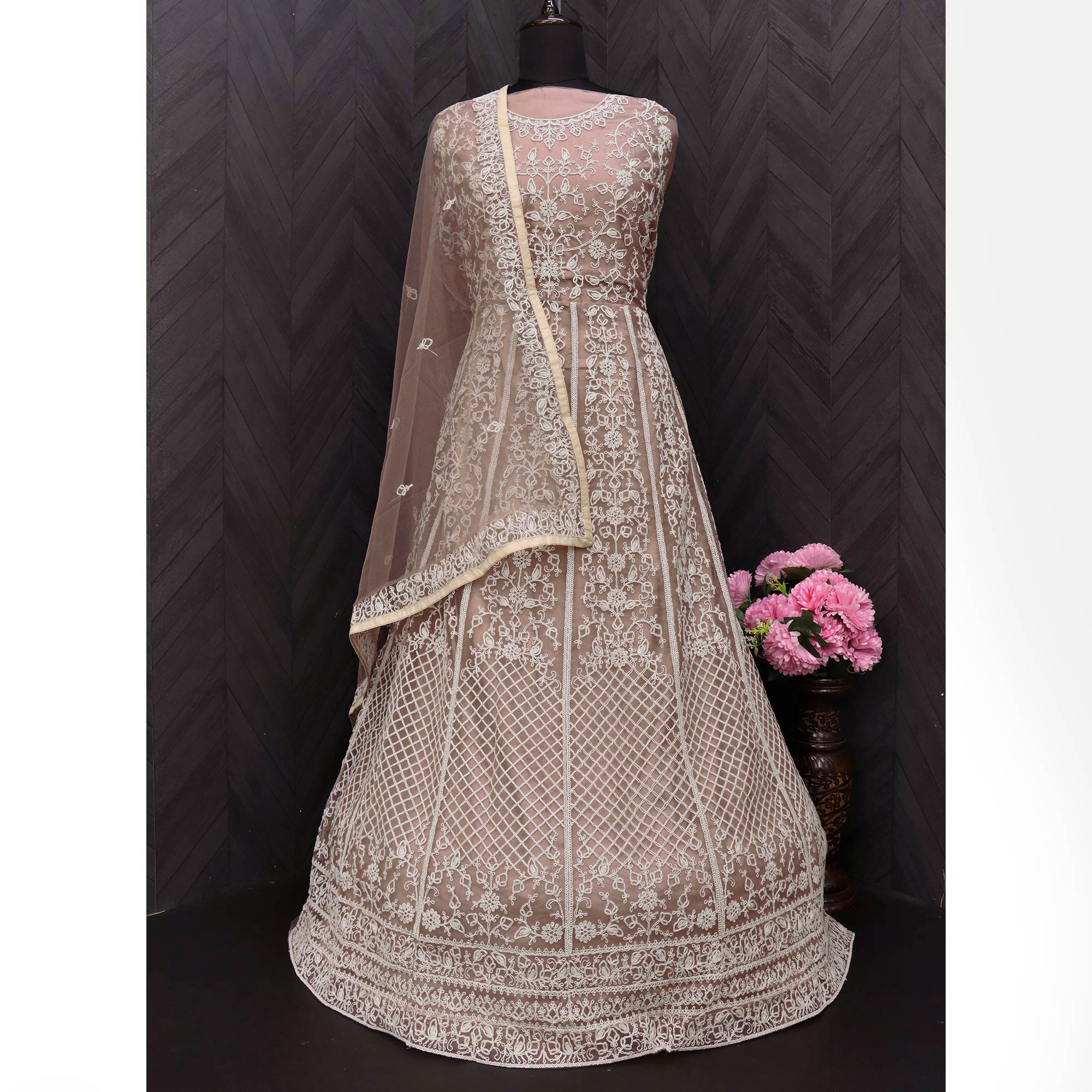 Mauve Floral Embroidered Net Semi Stitched Anarkali Suit