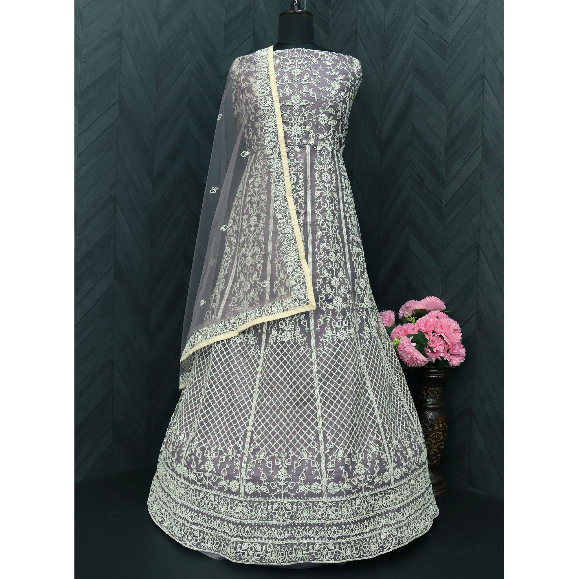 Purple Floral Embroidered Net Semi Stitched Anarkali Suit