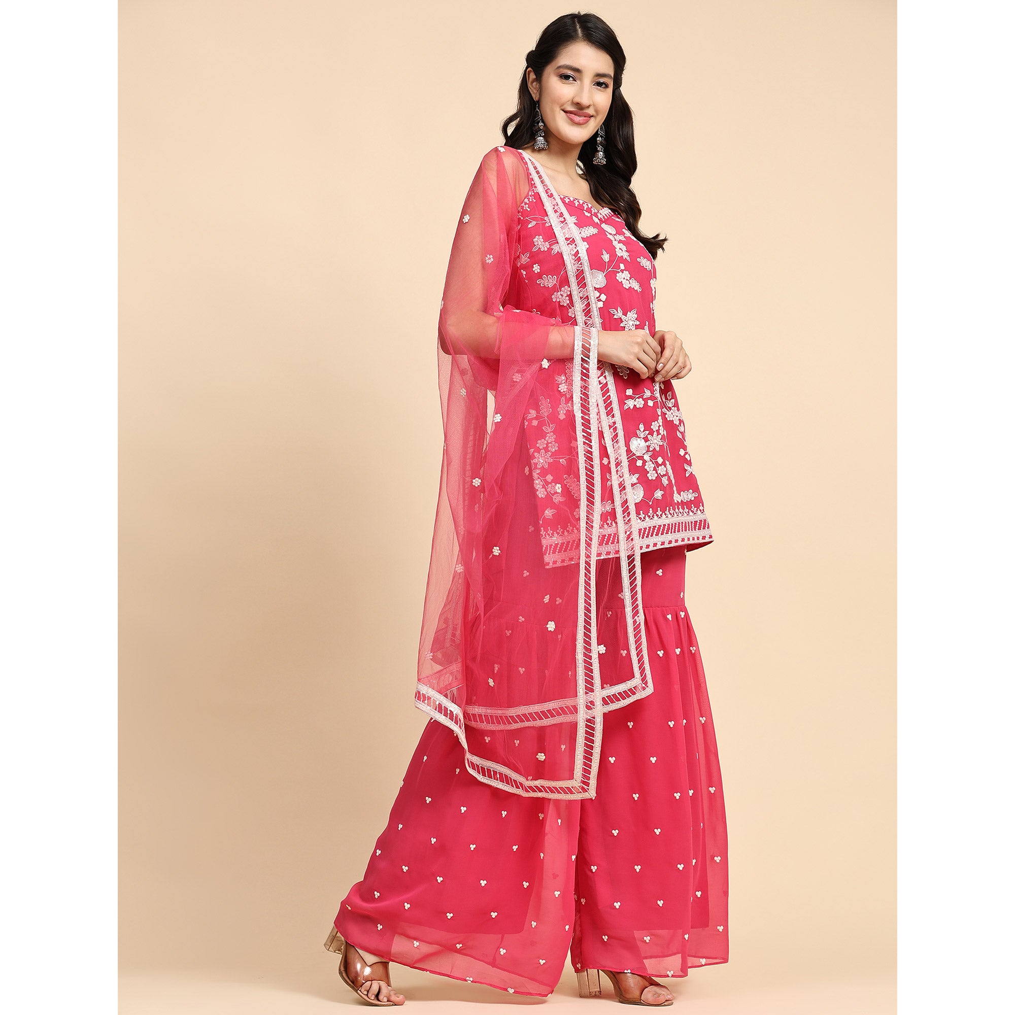 Pink Floral Sequins Embroidered Georgette Semi Stitched Suit