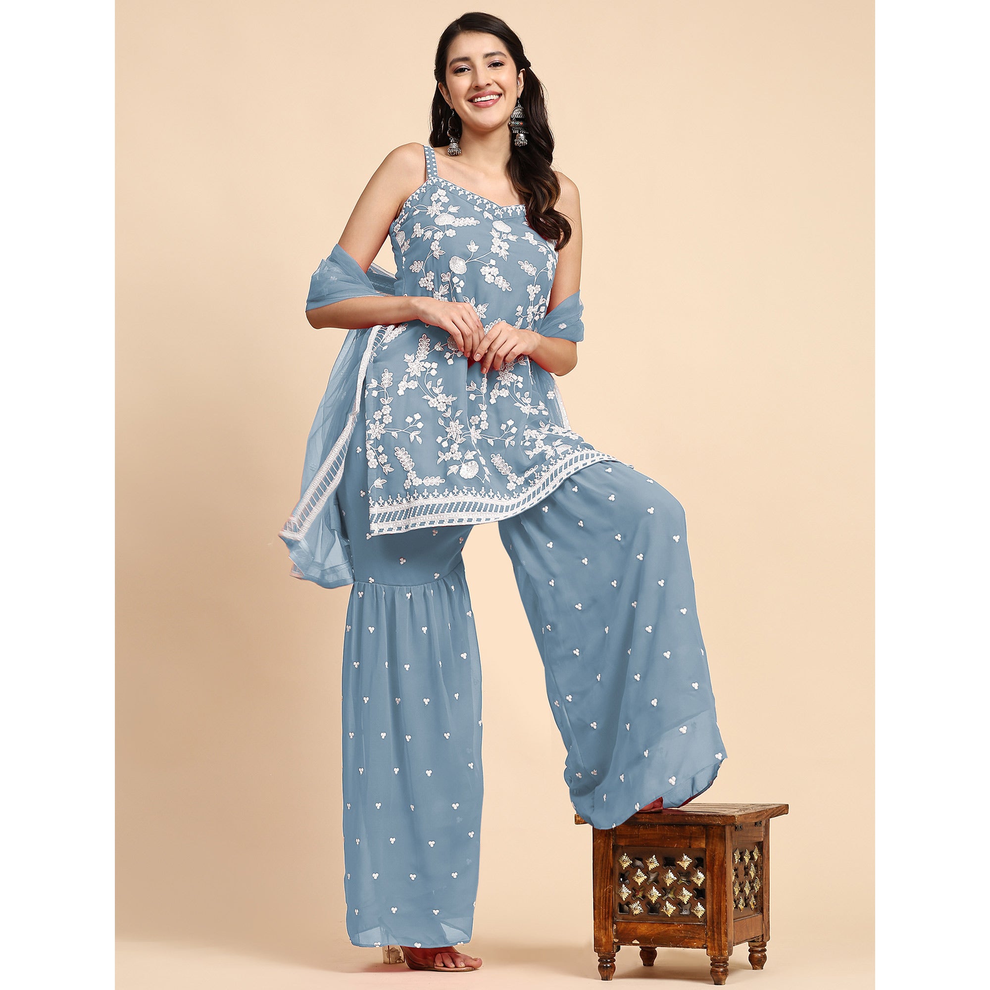 Sky Blue Floral Sequins Embroidered Georgette Semi Stitched Suit