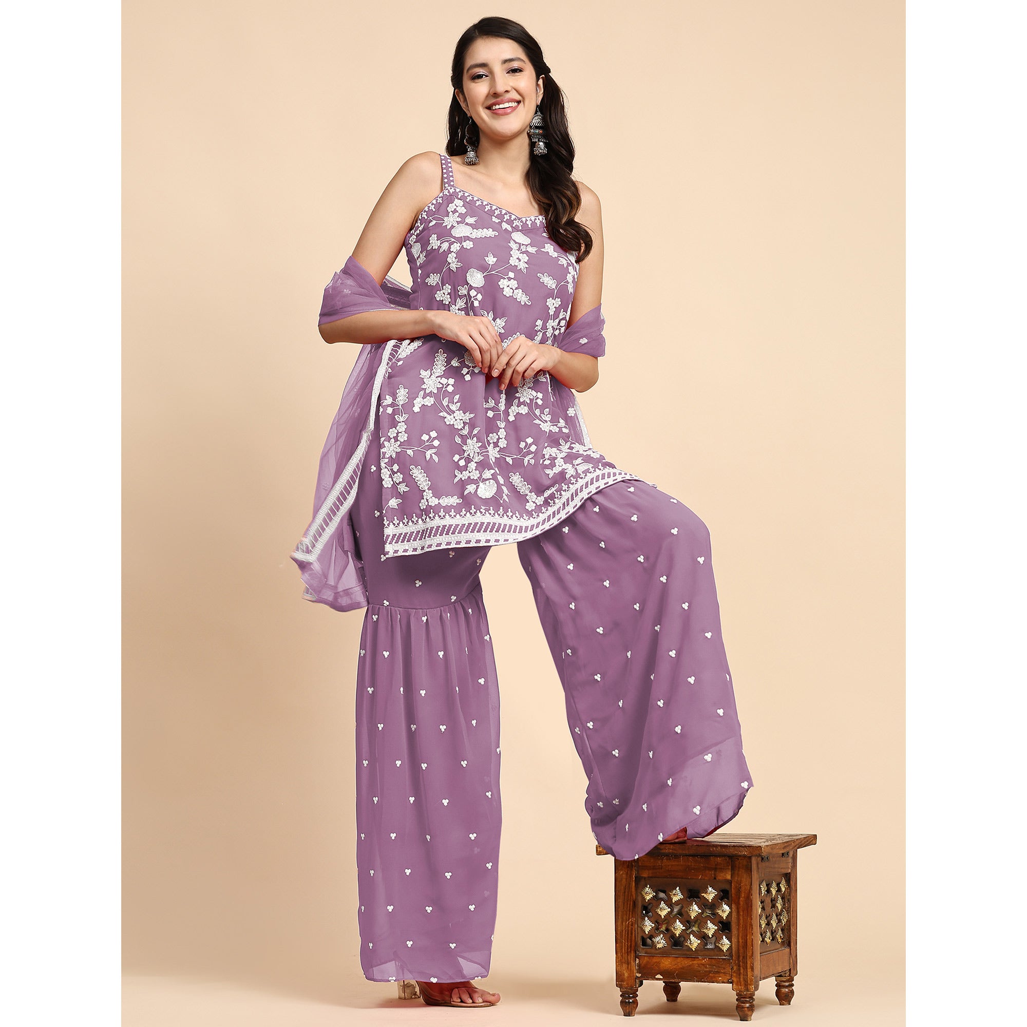 Purple Floral Sequins Embroidered Georgette Semi Stitched Suit