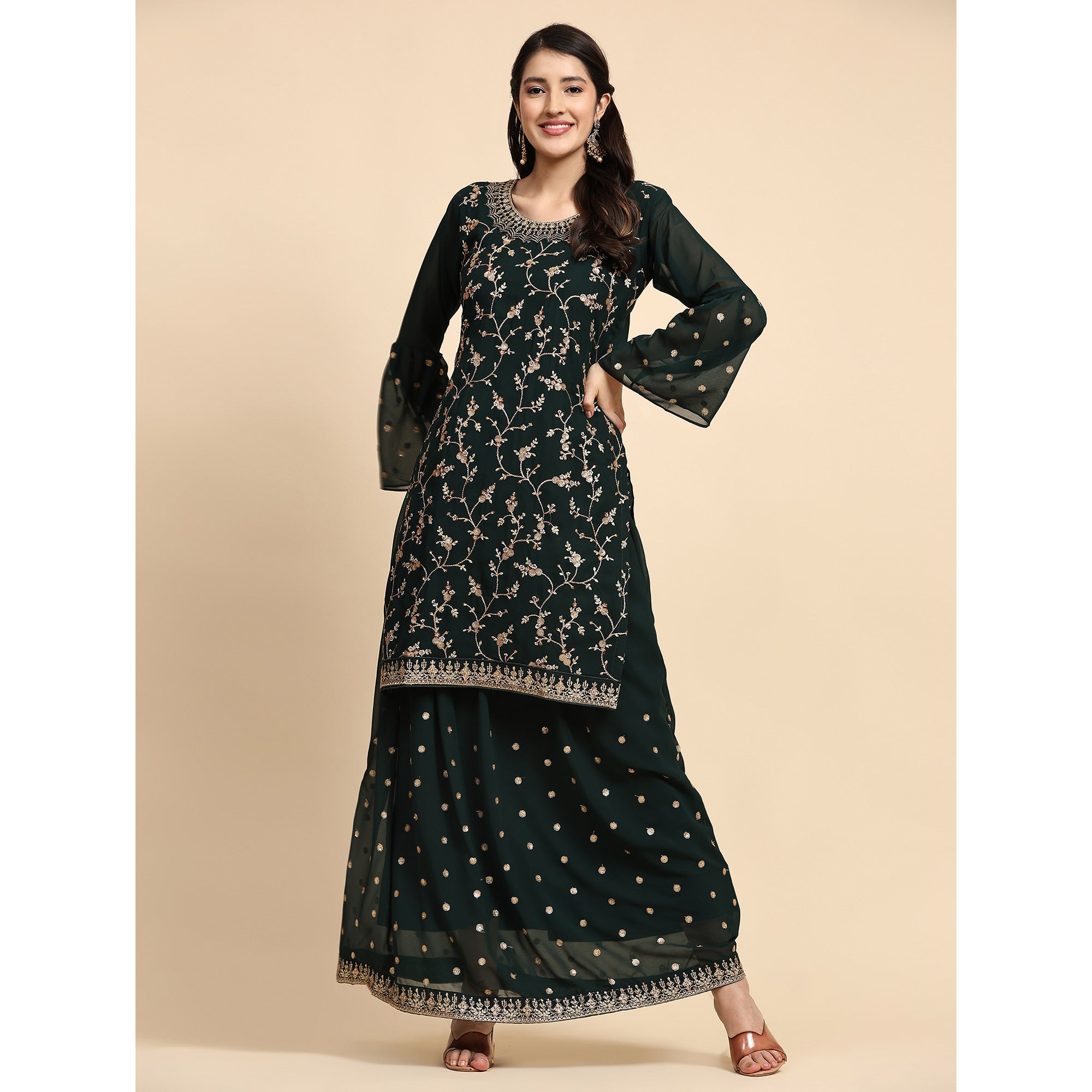 Green Floral Embroidered Georgette Semi Stitched Suit