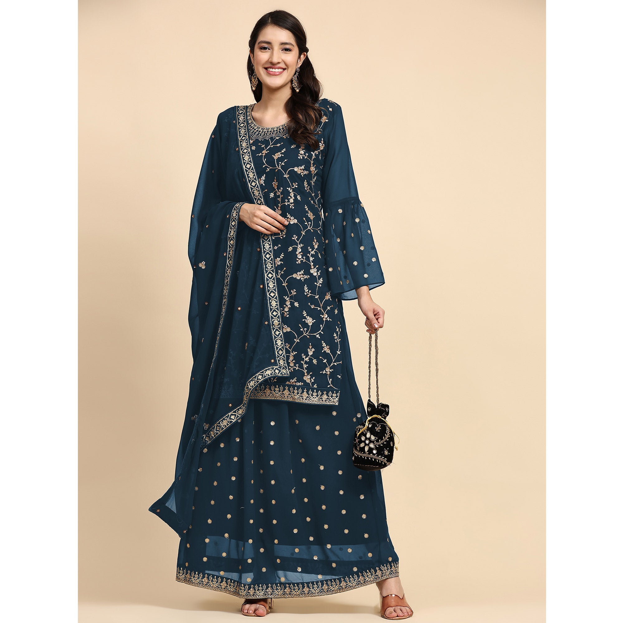 Blue Floral Embroidered Georgette Semi Stiched Suit