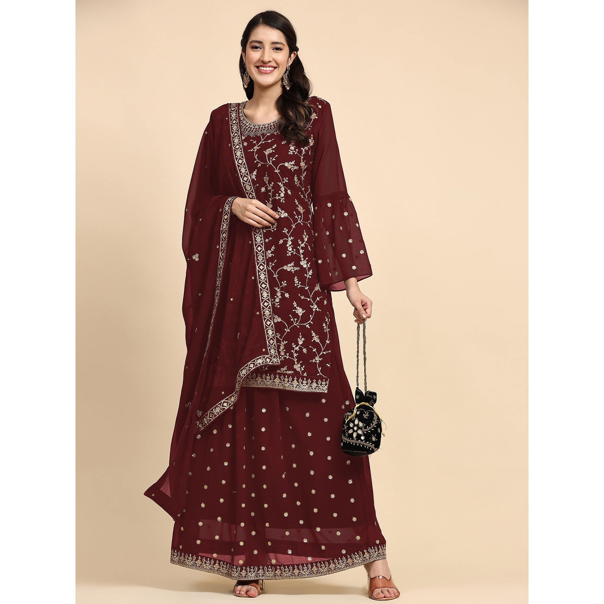 Maroon Floral Embroidered Georgette Semi Stitched Suit