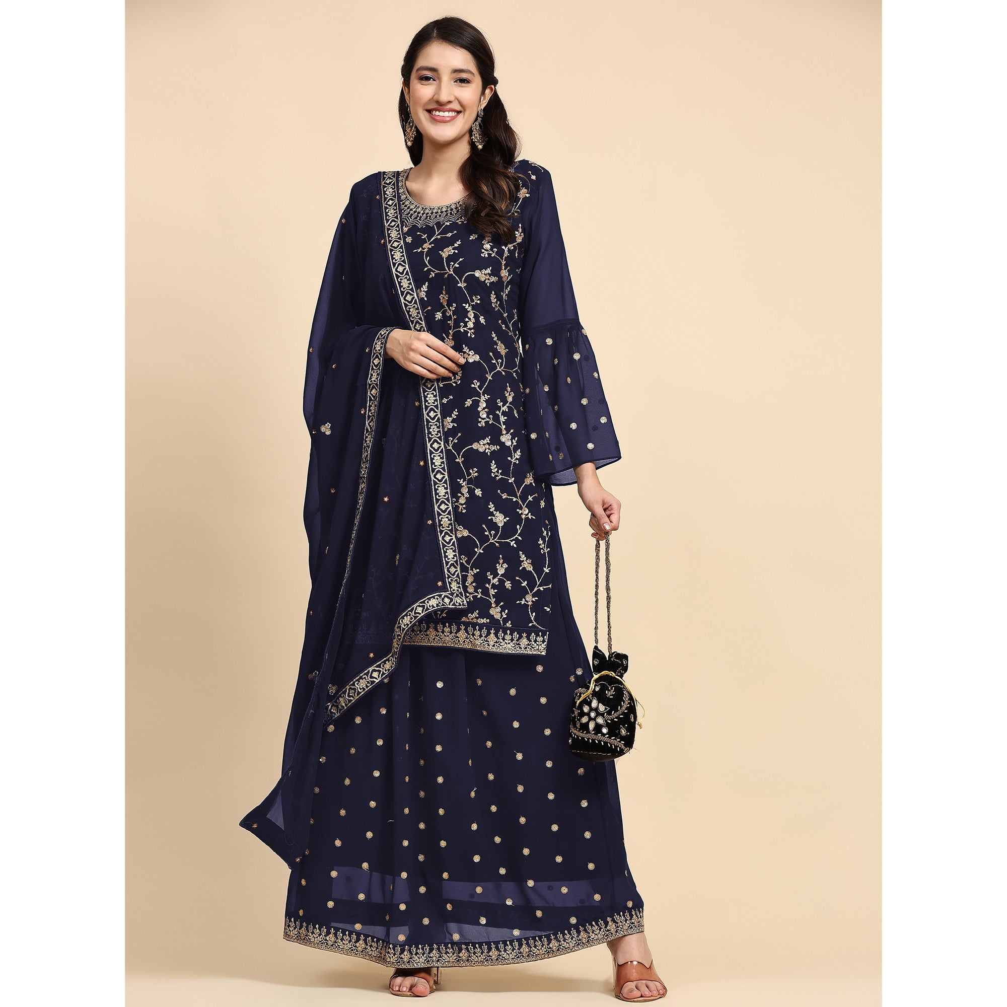 Navy Blue Floral Embroidered Georgette Semi Stitched Suit