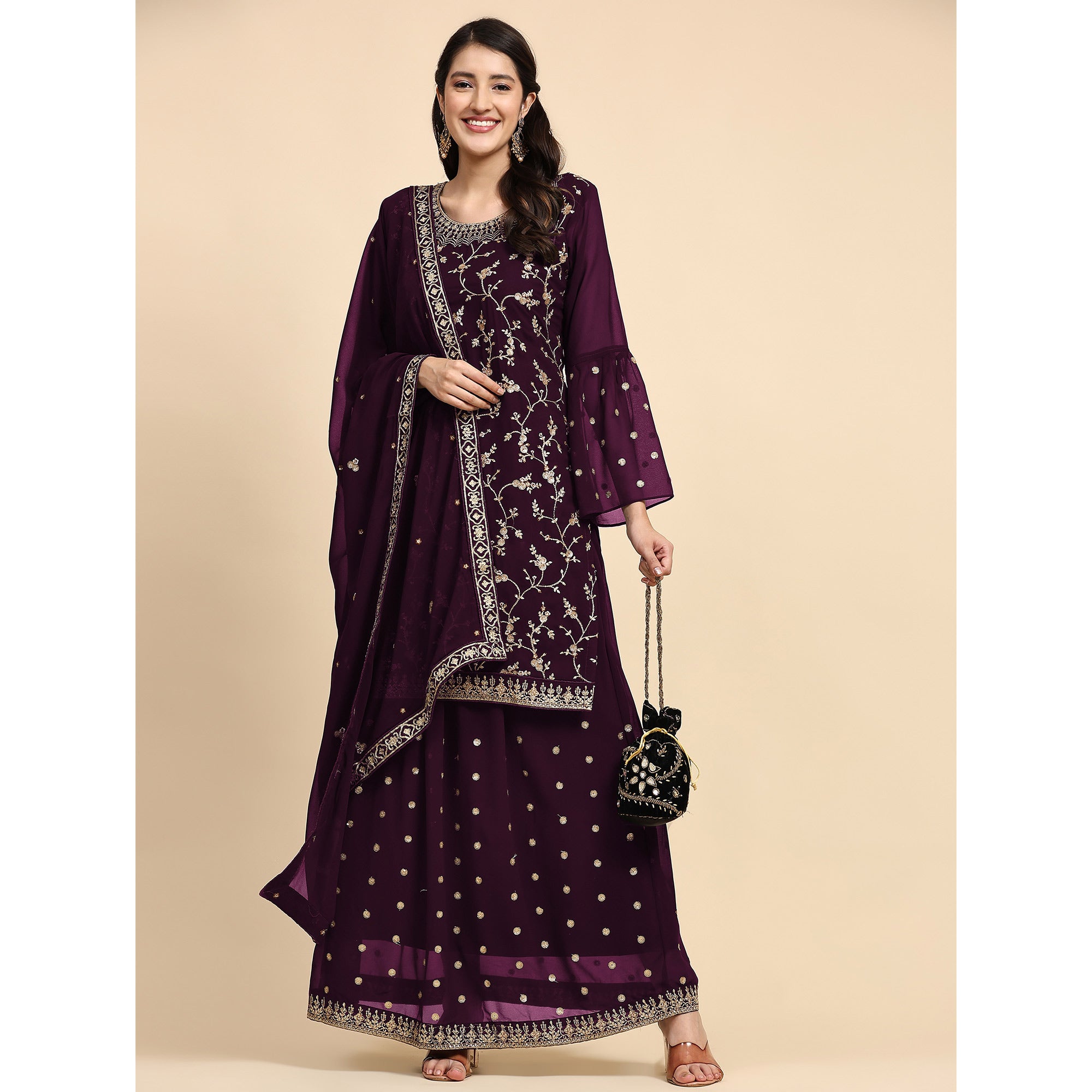 Purple Floral Embroidered Georgette Semi Stitched Suit