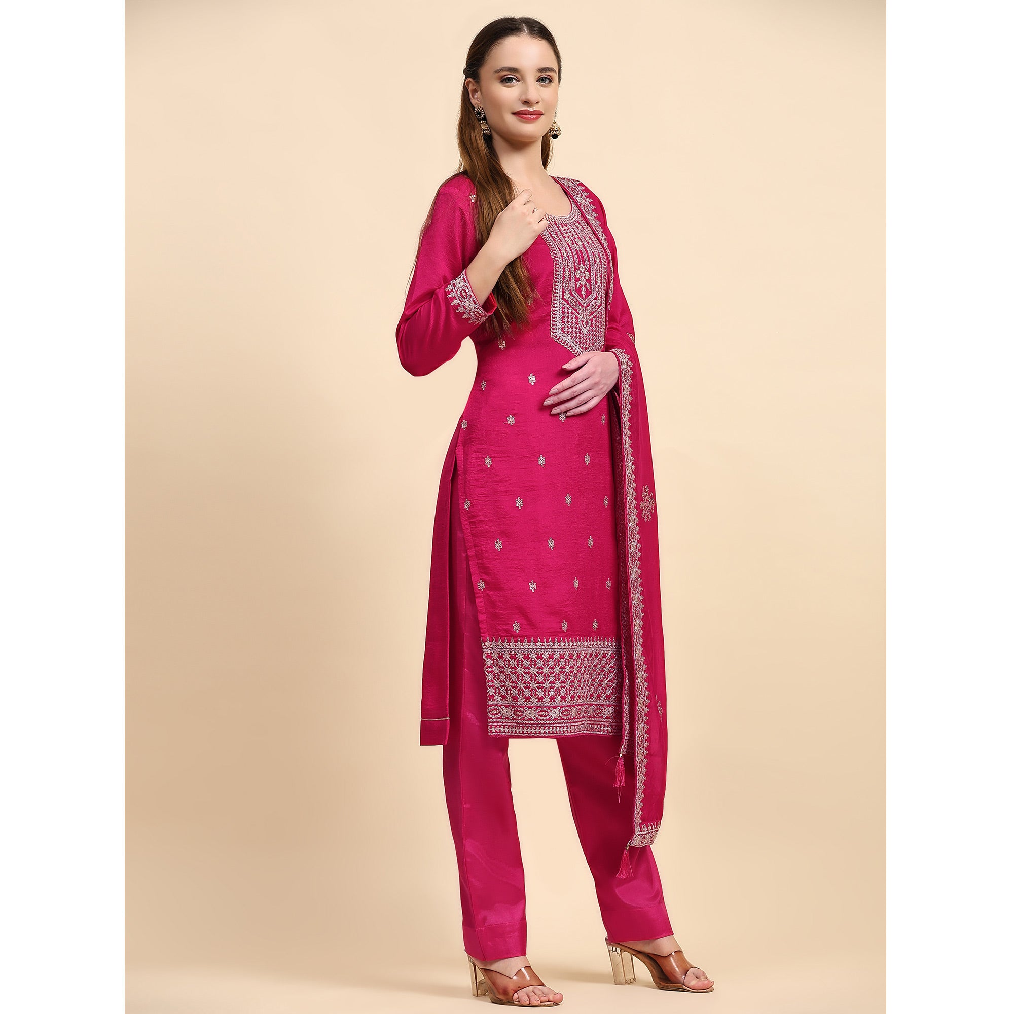 Pink Embroidered Dola Silk Straight Semi Stitched Suit