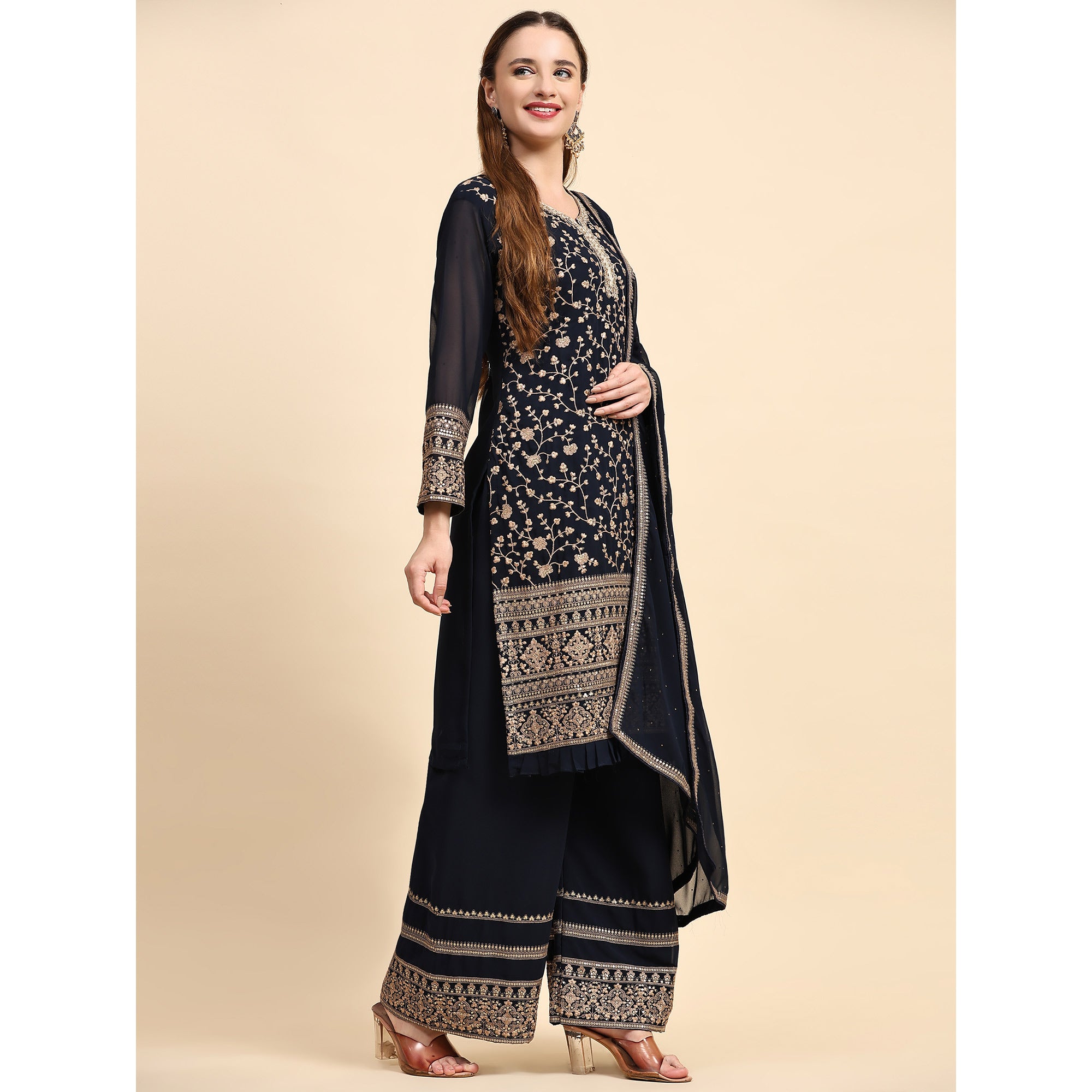 Navy Blue Embroidered Georgette Semi Stitched Suit