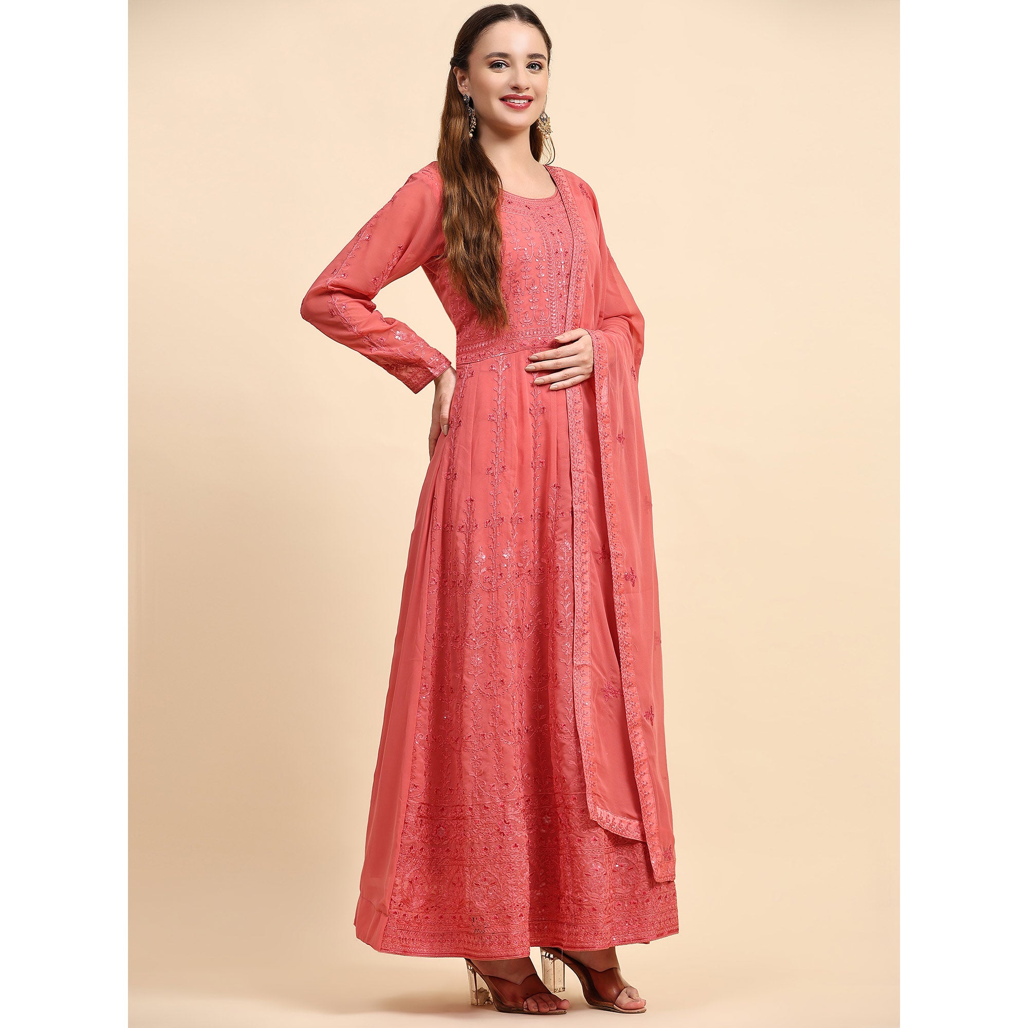 Peach Embroidered Georgette Semi Stitched Anarkali Suit