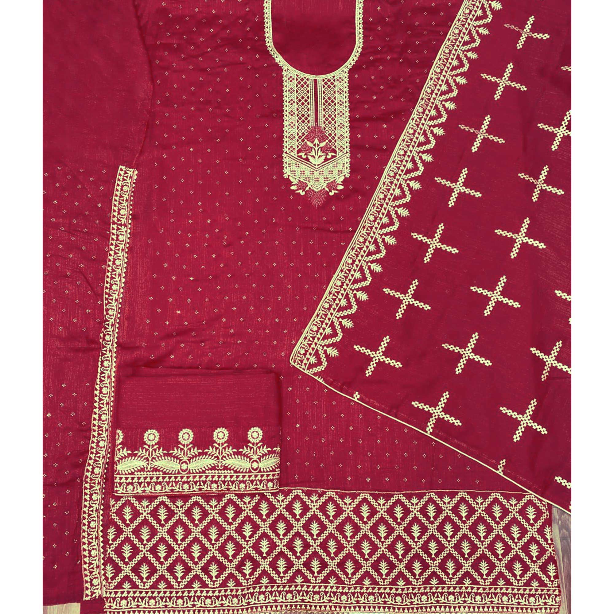 Red Embroidered Vichitra Silk Semi Stitched Salwar Suit