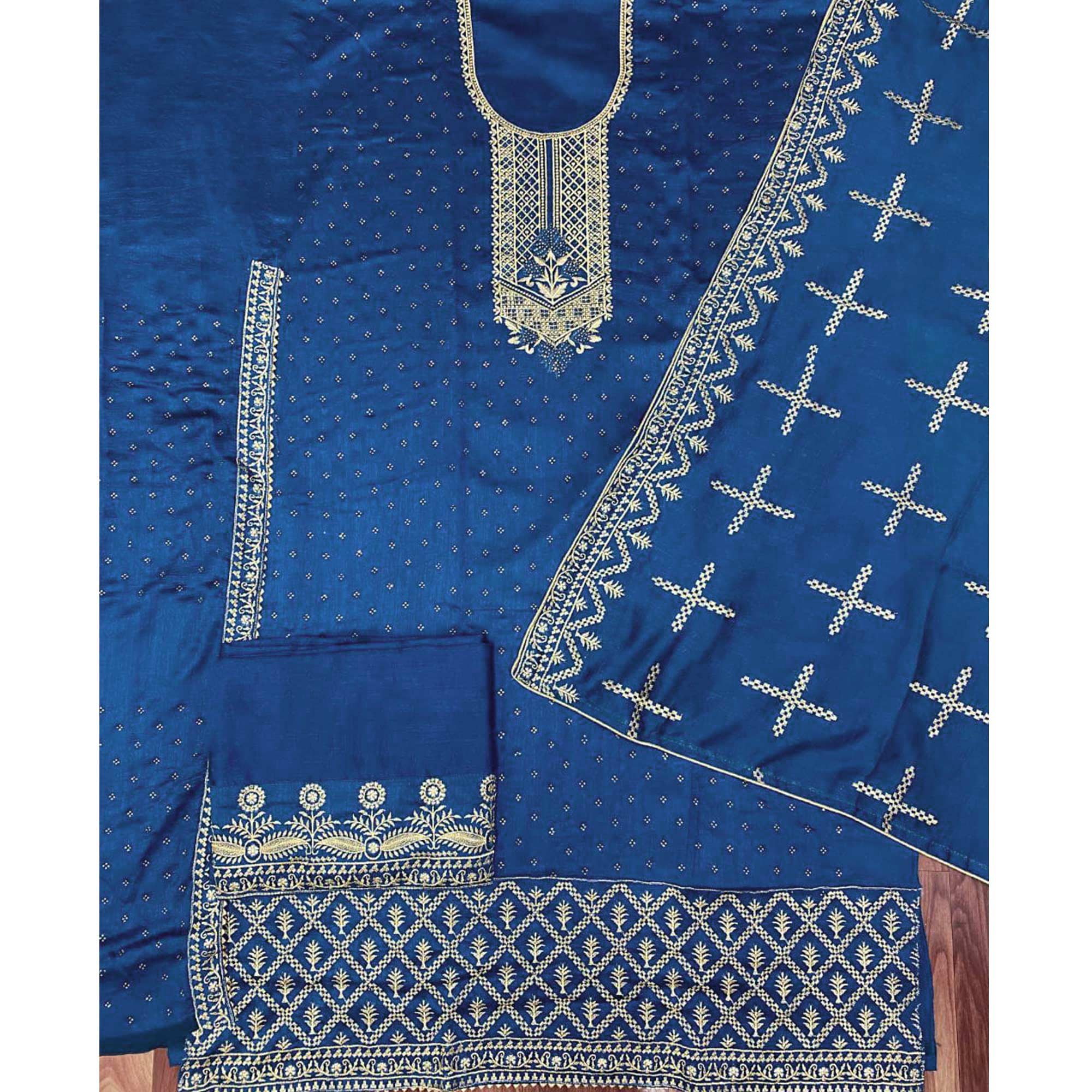 Blue Embroidered Vichitra Silk Semi Stitched Salwar Suit