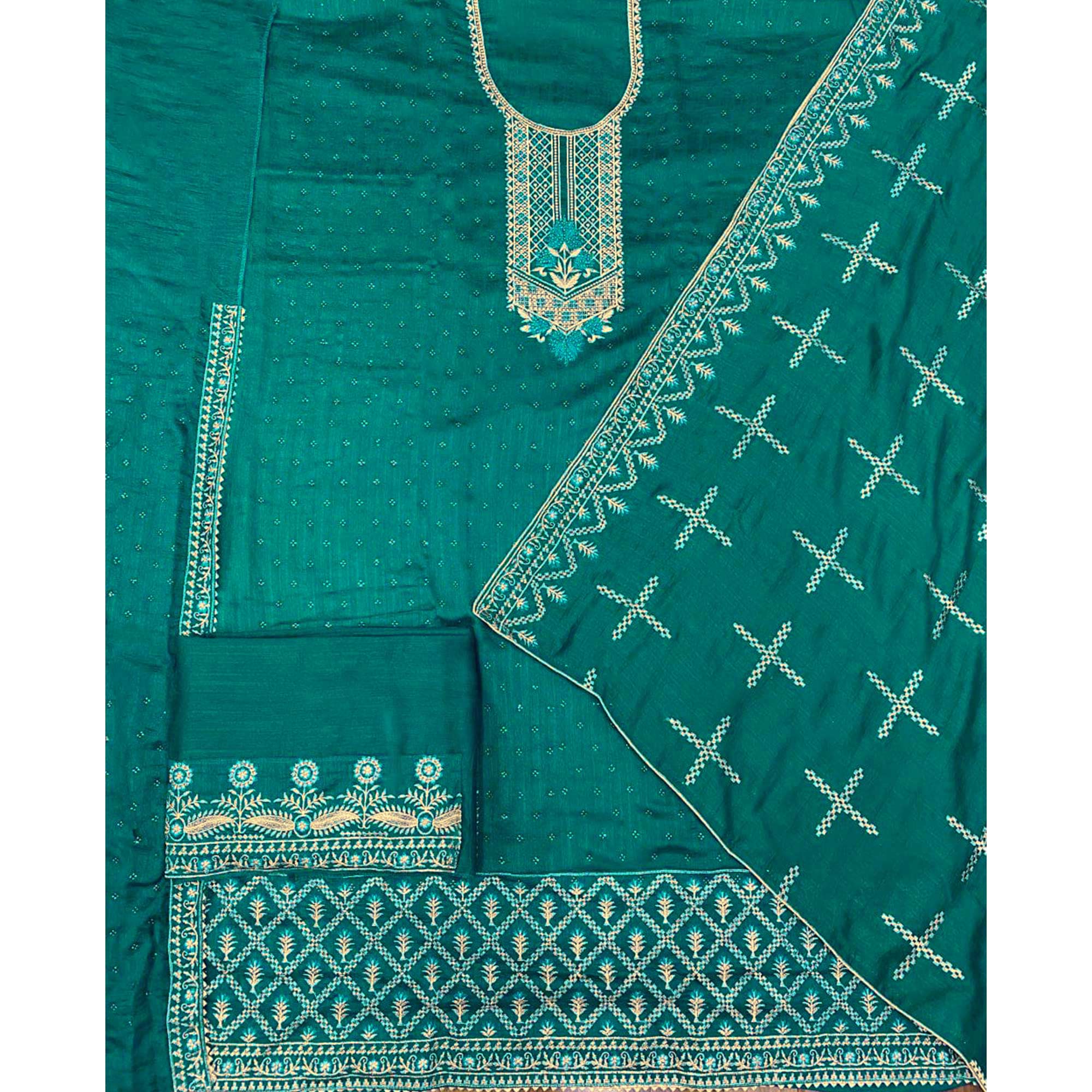 Green Embroidered Vichitra Silk Semi Stitched Salwar Suit